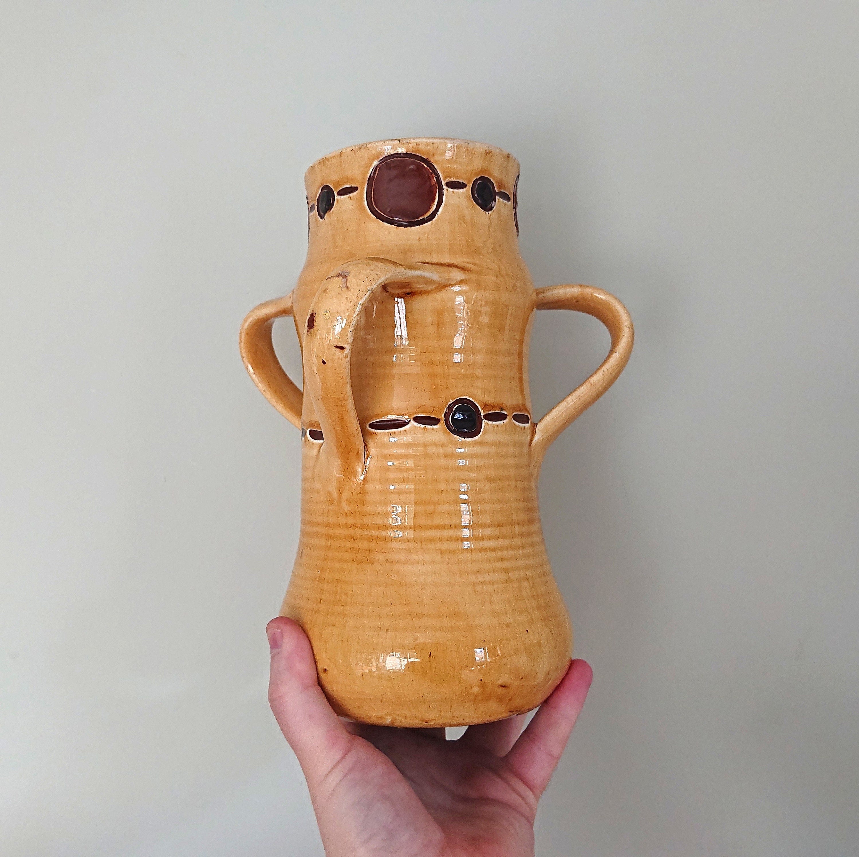 Vintage Earthenware Vase Ceramic Kiln Glazed Mid Century Vase with Handles Brown Dotted Stoneware Home Décor