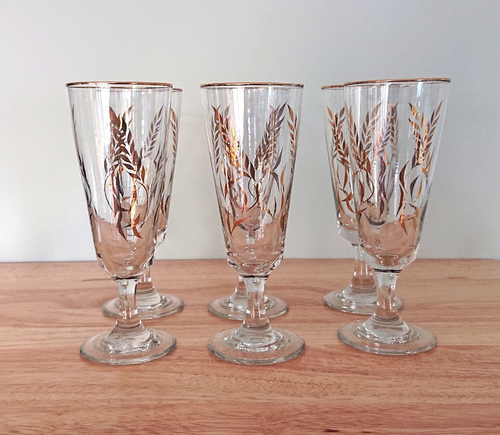 Vintage 1960s Gold Leaf Liqueur Glasses, Retro Sherry Glass Set