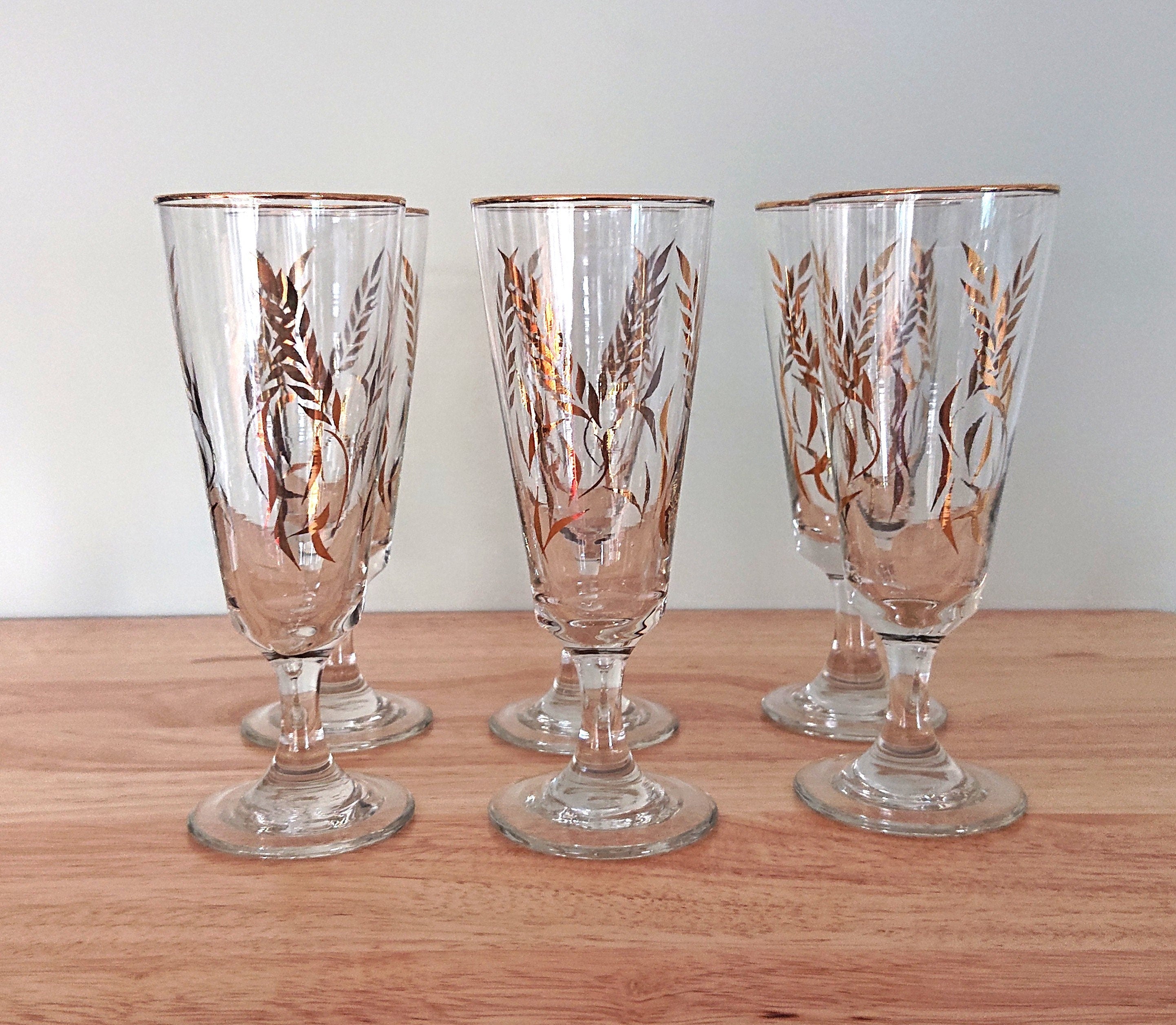 Vintage 1960s Gold Leaf Liqueur Glasses, Retro Sherry Glass Set