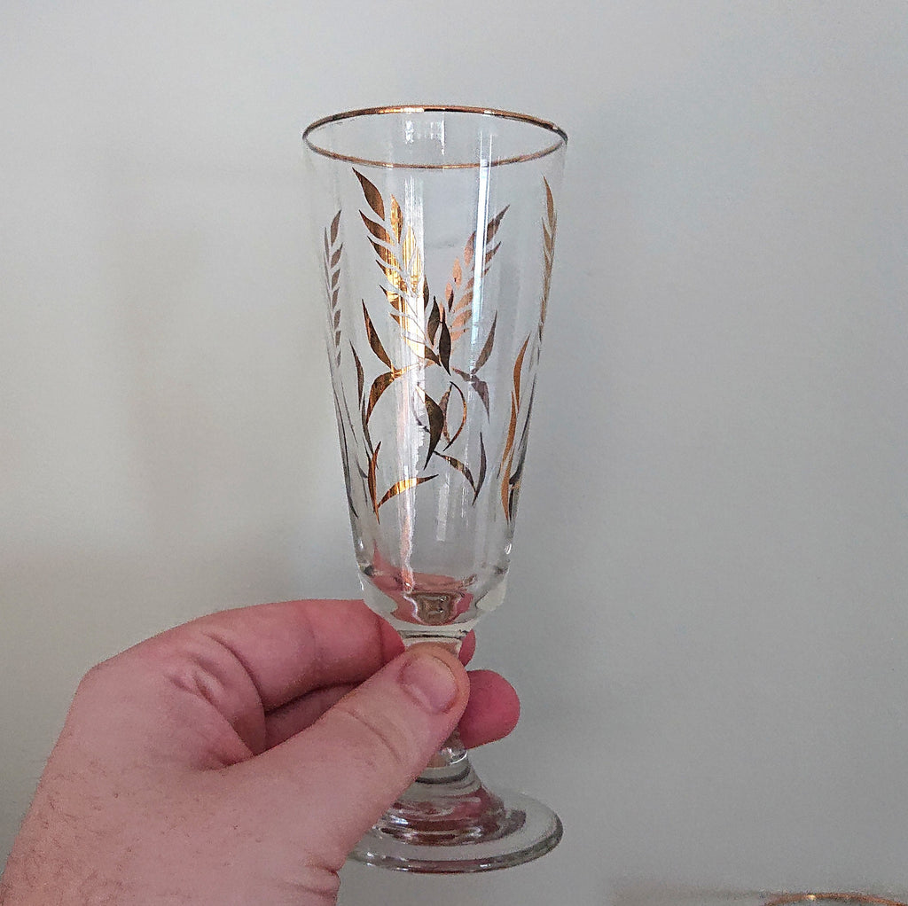 Vintage 1960s Gold Leaf Liqueur Glasses, Retro Sherry Glass Set