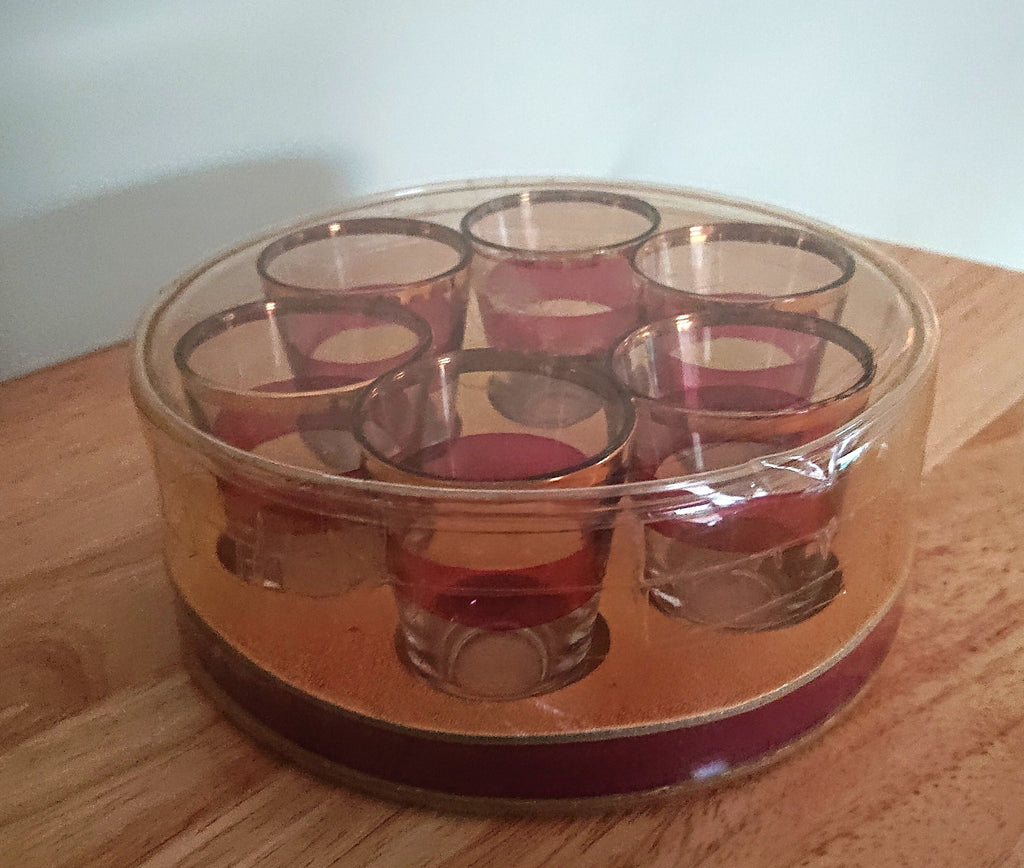 Vintage Shot Glasses Sherry Glasses Boxed Red and Gold Retro Mid Century Set of Glasses Gift Vintage Barware Shooters