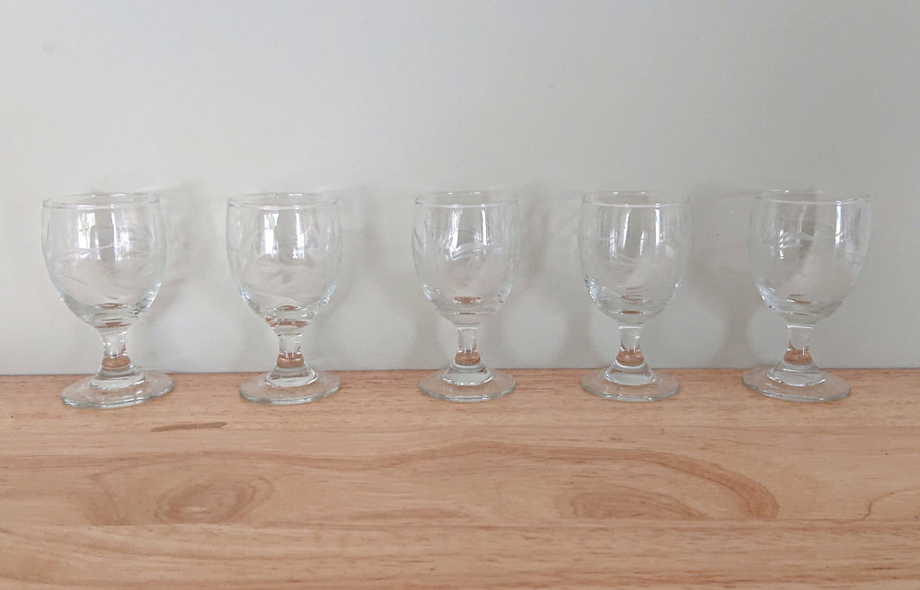 Vintage Boxed Sherry Glasses Etched Floral Fruit Mid Century Retro Sherry Shot Glasses Shooters Vintage Barware