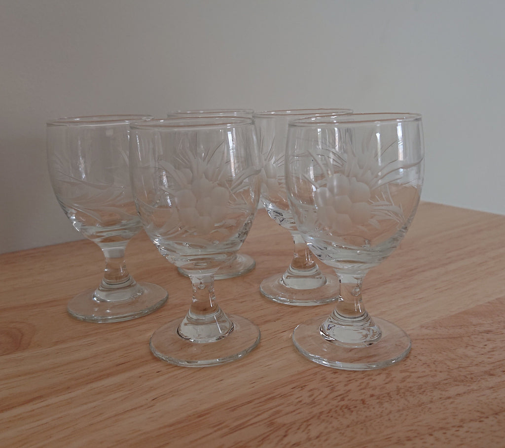 Vintage Boxed Sherry Glasses Etched Floral Fruit Mid Century Retro Sherry Shot Glasses Shooters Vintage Barware