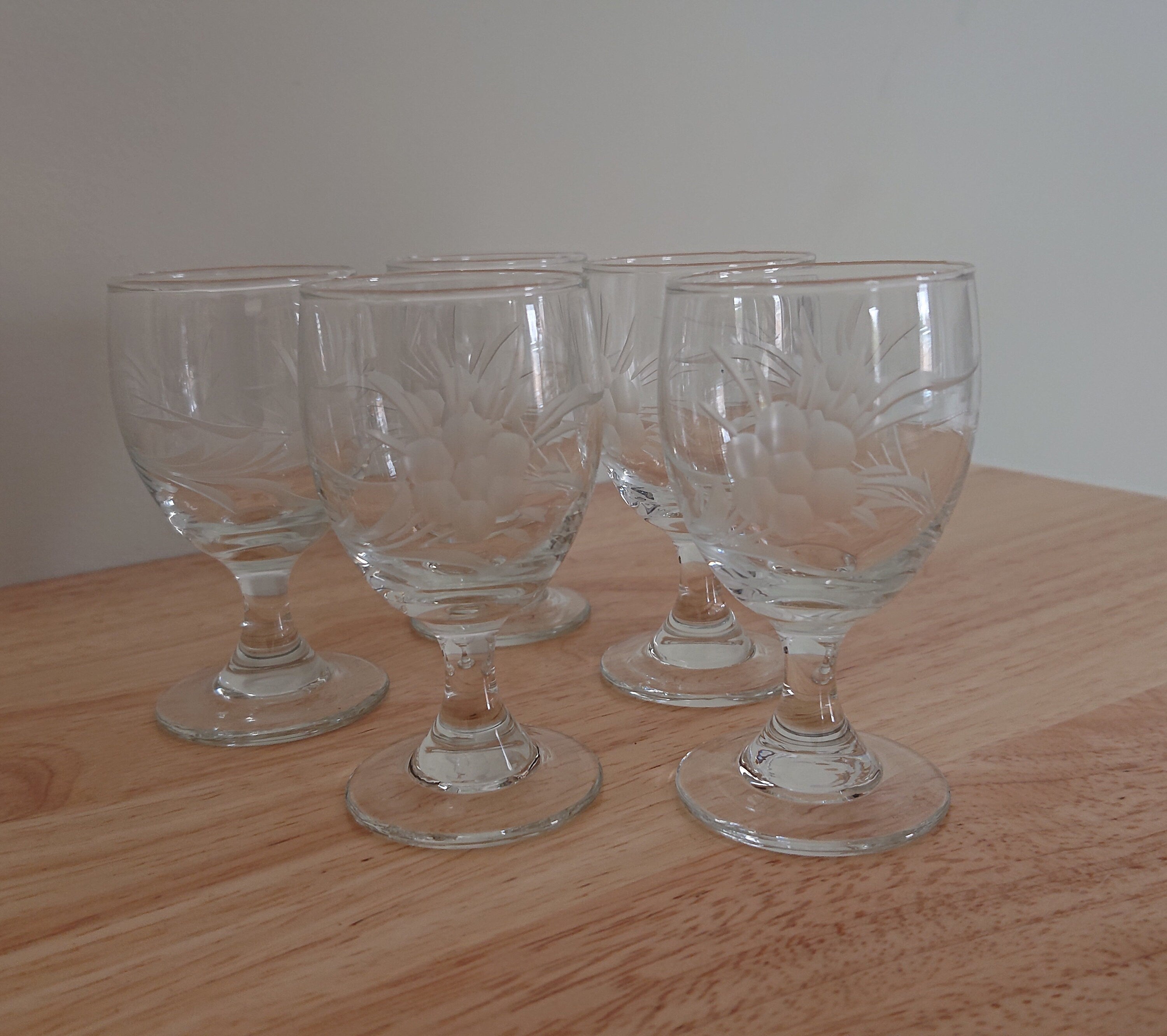 Vintage Boxed Sherry Glasses Etched Floral Fruit Mid Century Retro Sherry Shot Glasses Shooters Vintage Barware