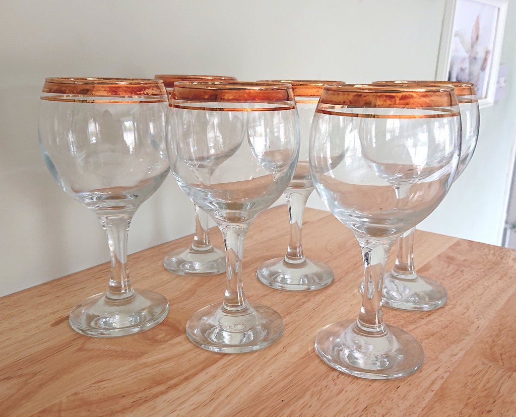 Vintage Gold Gilt Wine Glasses, Set of 6, 1970s Barware