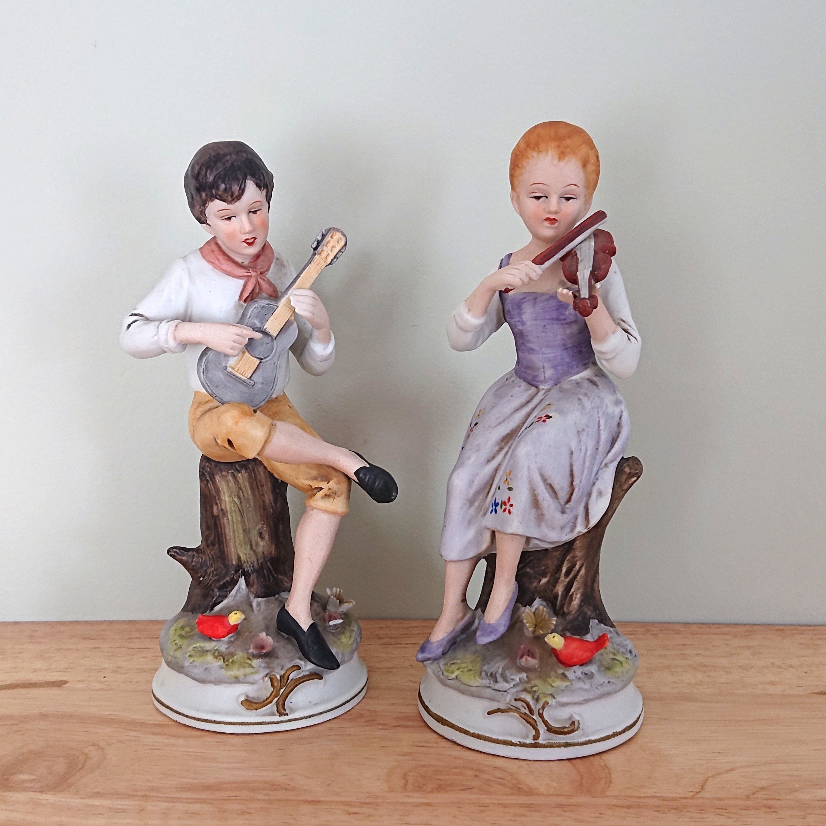 Vintage Boy and Girl Ceramic Figurine Pair Playing Instruments Decorative Ornamental Figures Cute Kitsch Statue