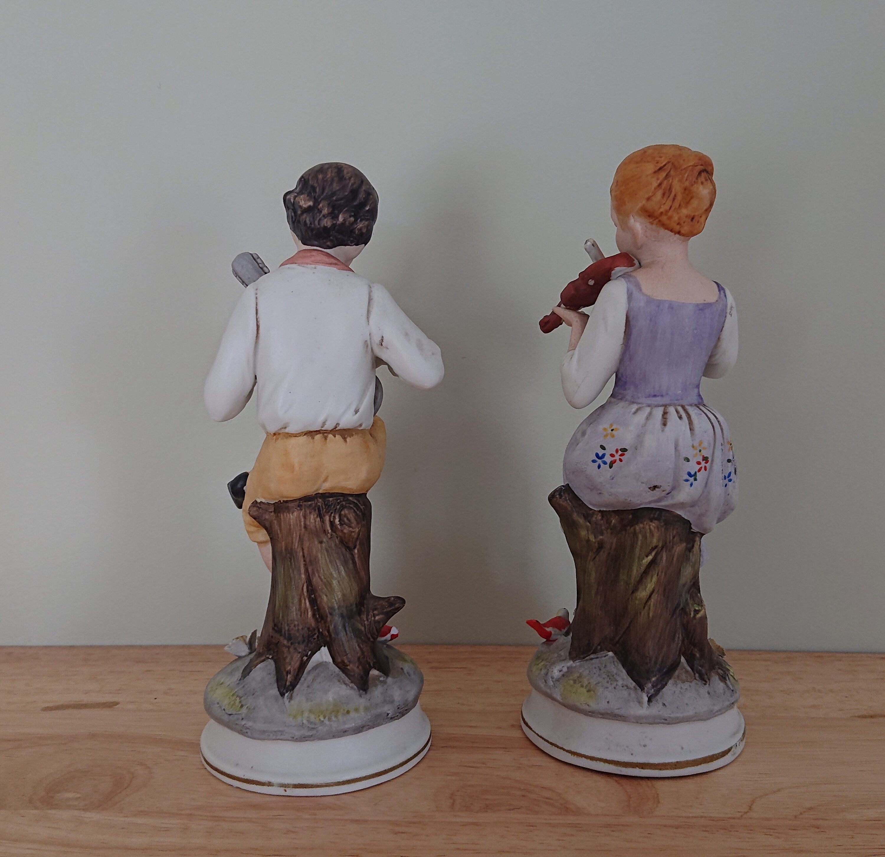 Vintage Boy and Girl Ceramic Figurine Pair Playing Instruments Decorative Ornamental Figures Cute Kitsch Statue