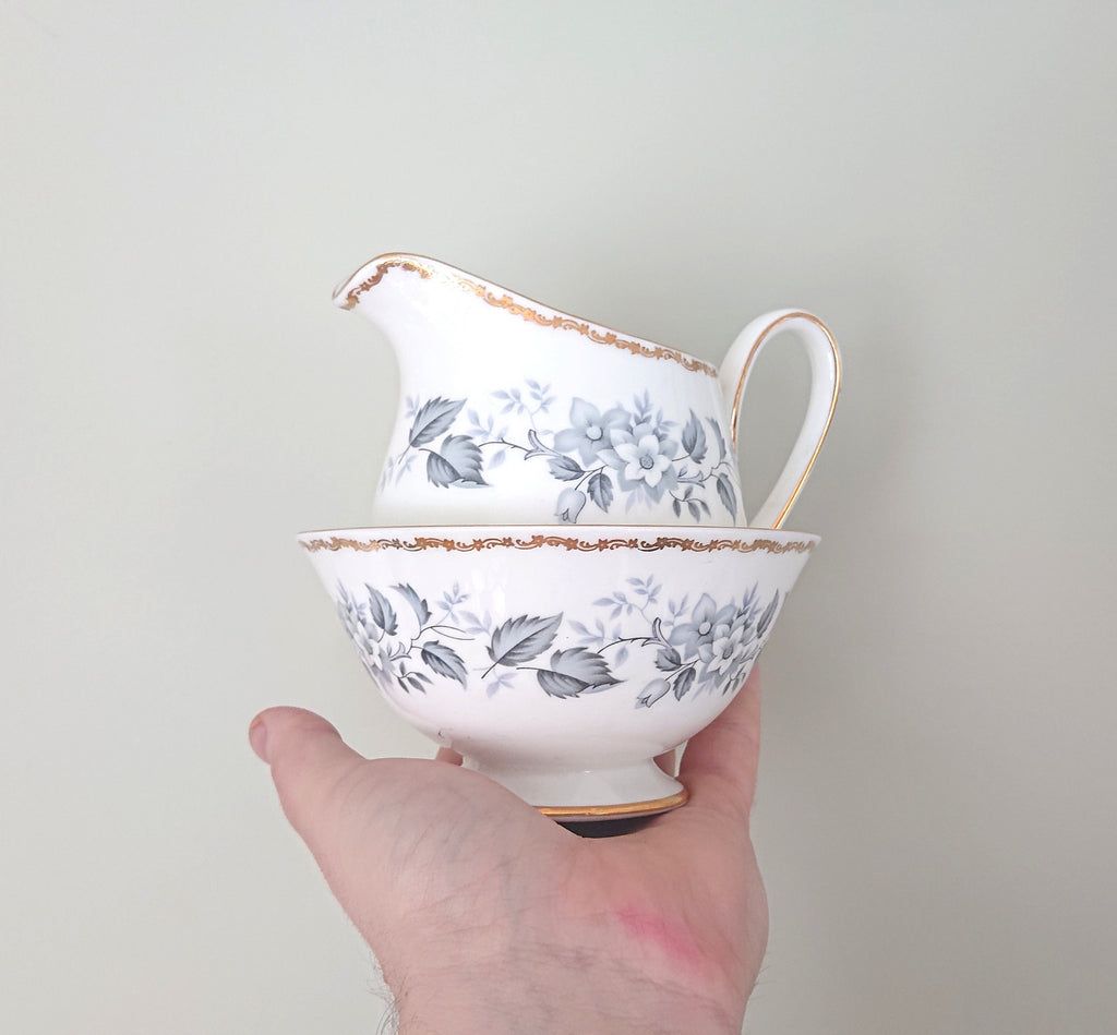 Vintage Milk Jug and Sugar Bowl Royal Tuscan Fine Bone China Made in England Blue and White Porcelain Afternoon Tea Gold Gilt