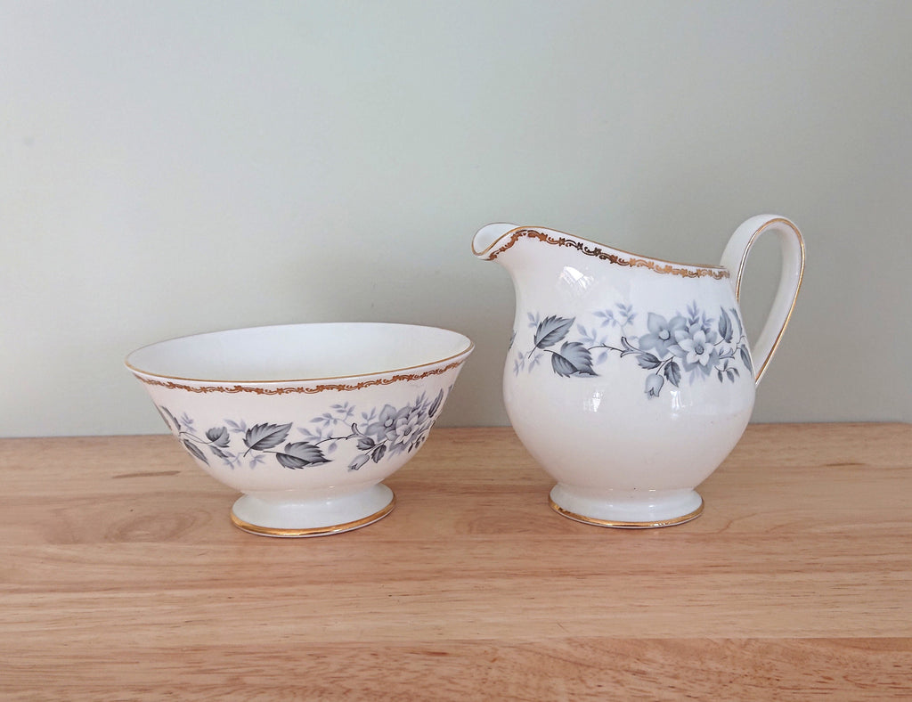Vintage Milk Jug and Sugar Bowl Royal Tuscan Fine Bone China Made in England Blue and White Porcelain Afternoon Tea Gold Gilt