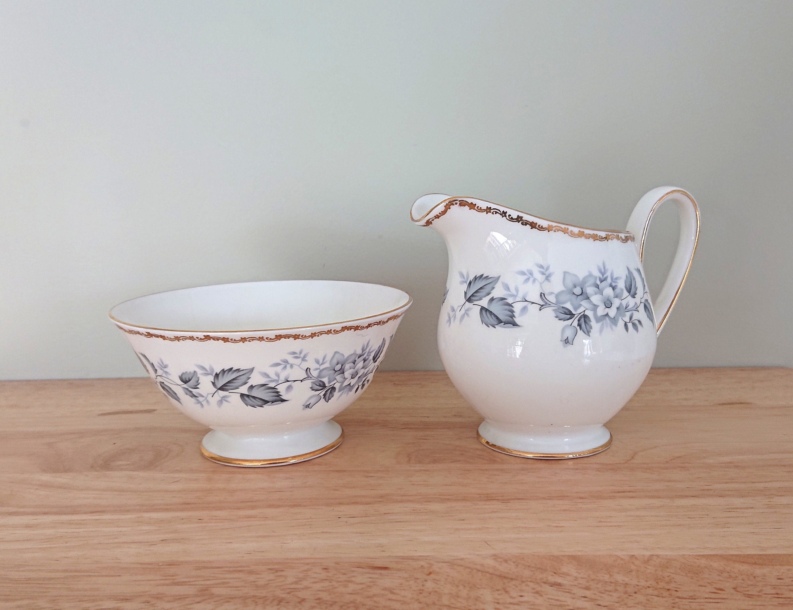 Vintage Milk Jug and Sugar Bowl Royal Tuscan Fine Bone China Made in England Blue and White Porcelain Afternoon Tea Gold Gilt