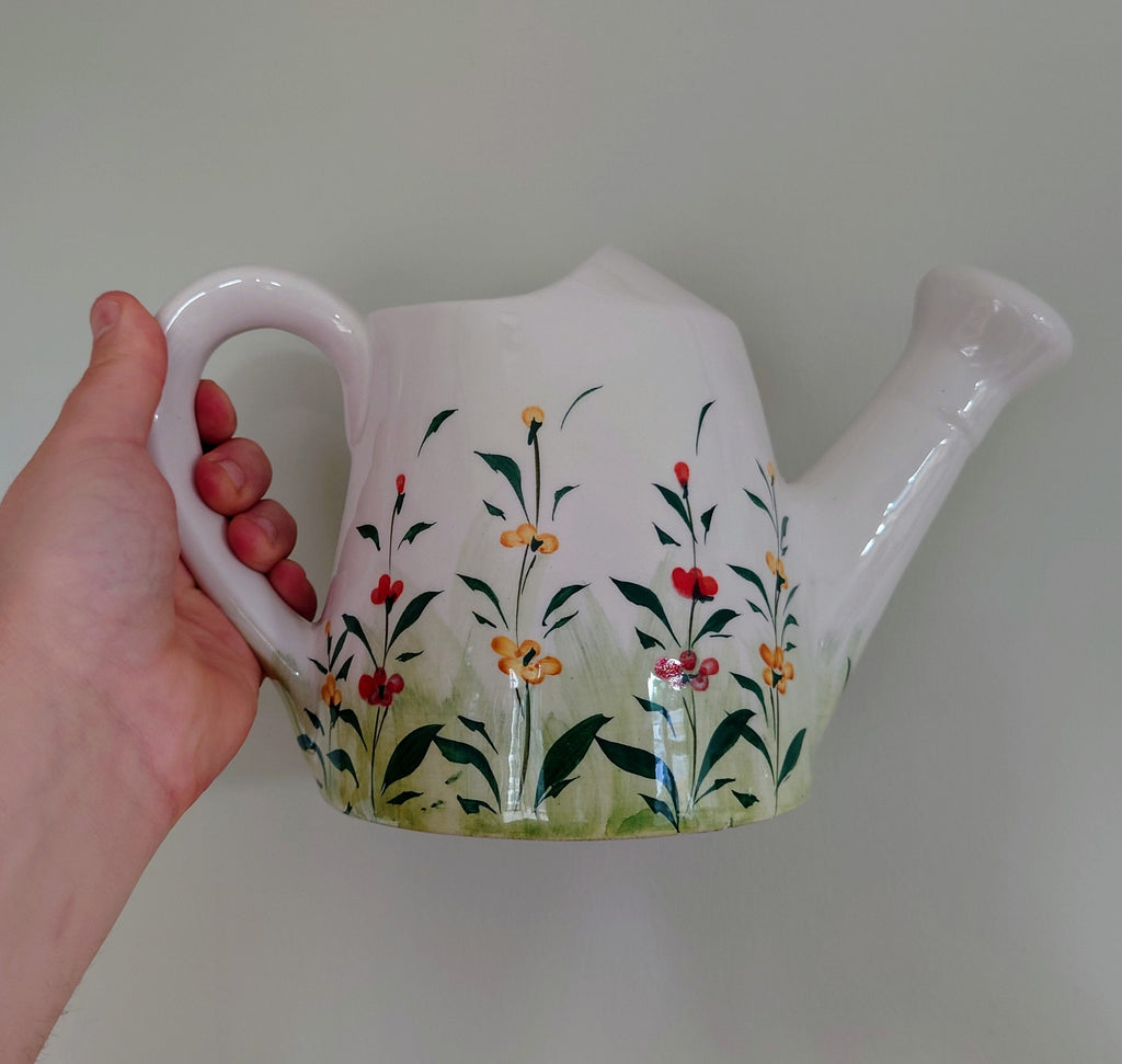 Vintage Ceramic Planter Watering Can Indoor Kitsch Planter Floral Pottery Plant Pot Mid Century Modern Flower Planter