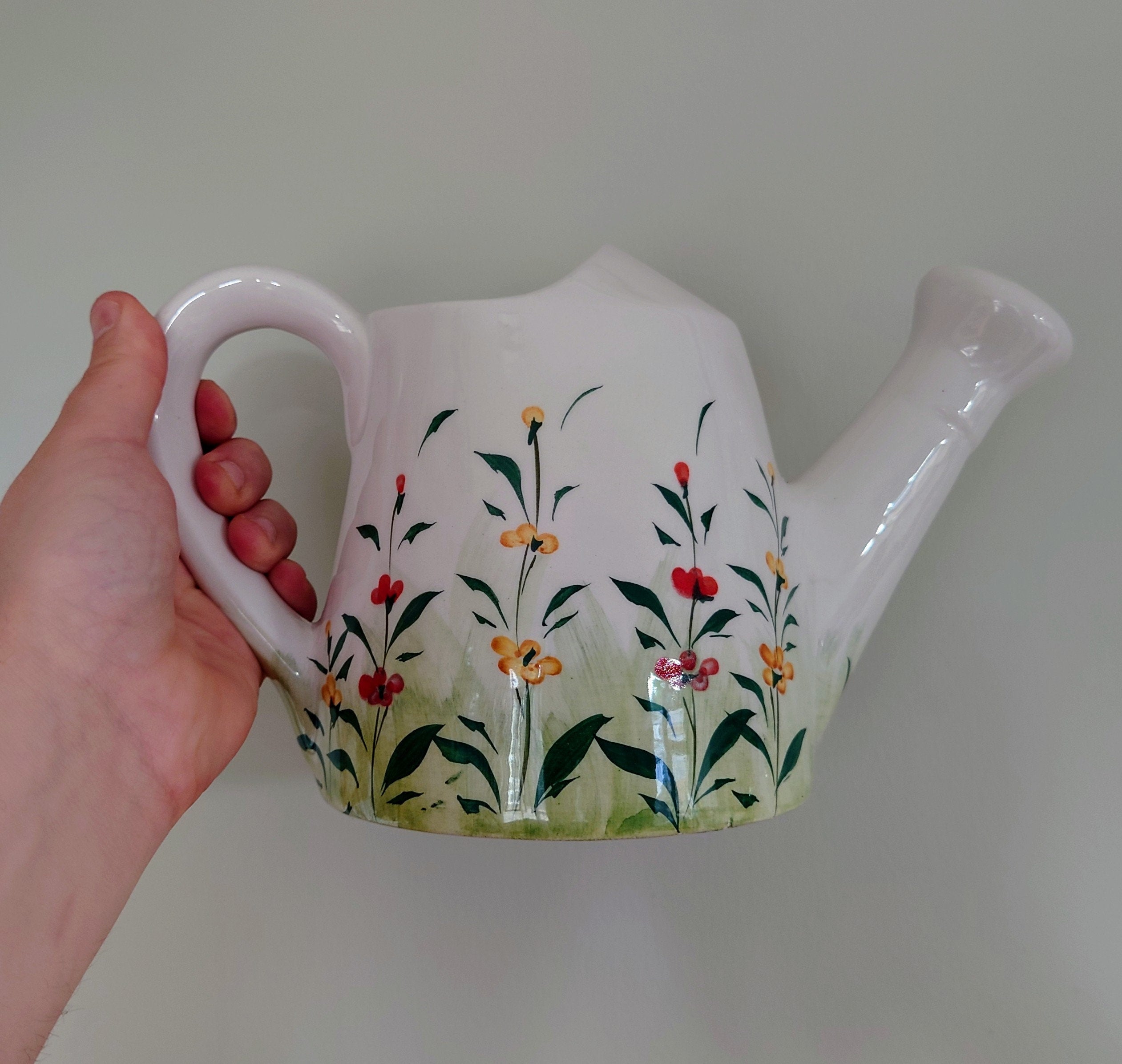 Vintage Ceramic Planter Watering Can Indoor Kitsch Planter Floral Pottery Plant Pot Mid Century Modern Flower Planter