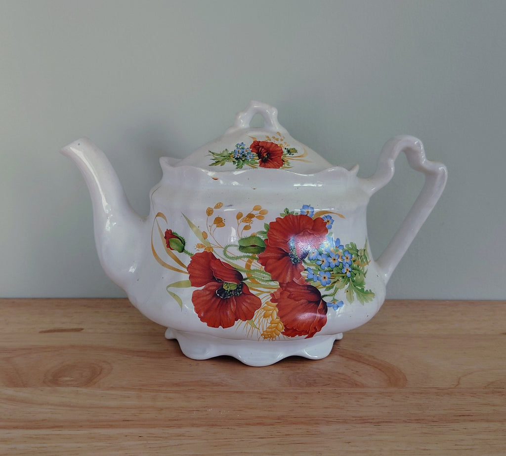 Vintage Ceramic Floral Teapot Retro 80's Teapot Floral Red Hand Painted Teapot, Afternoon Tea Party Made in England