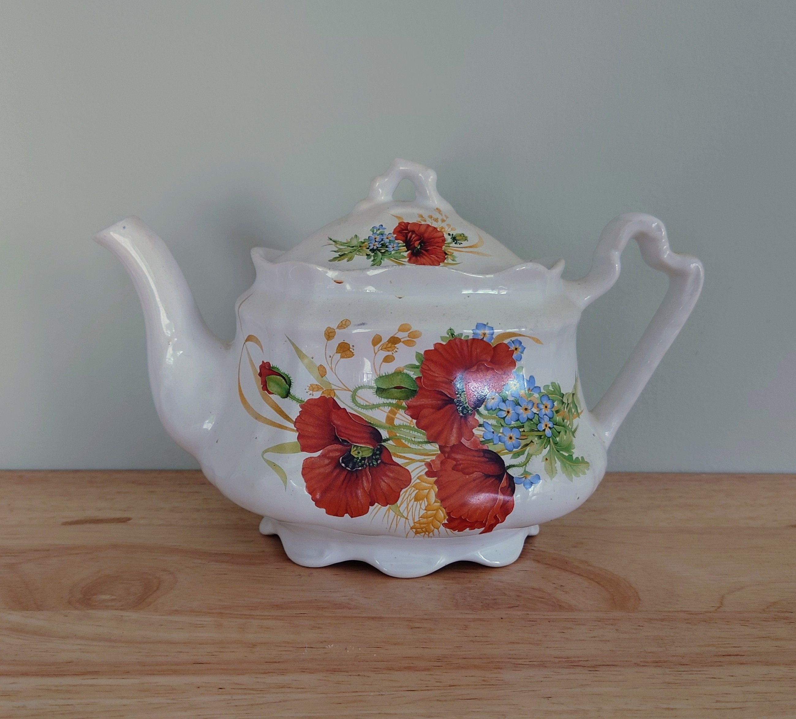 Vintage Ceramic Floral Teapot Retro 80's Teapot Floral Red Hand Painted Teapot, Afternoon Tea Party Made in England