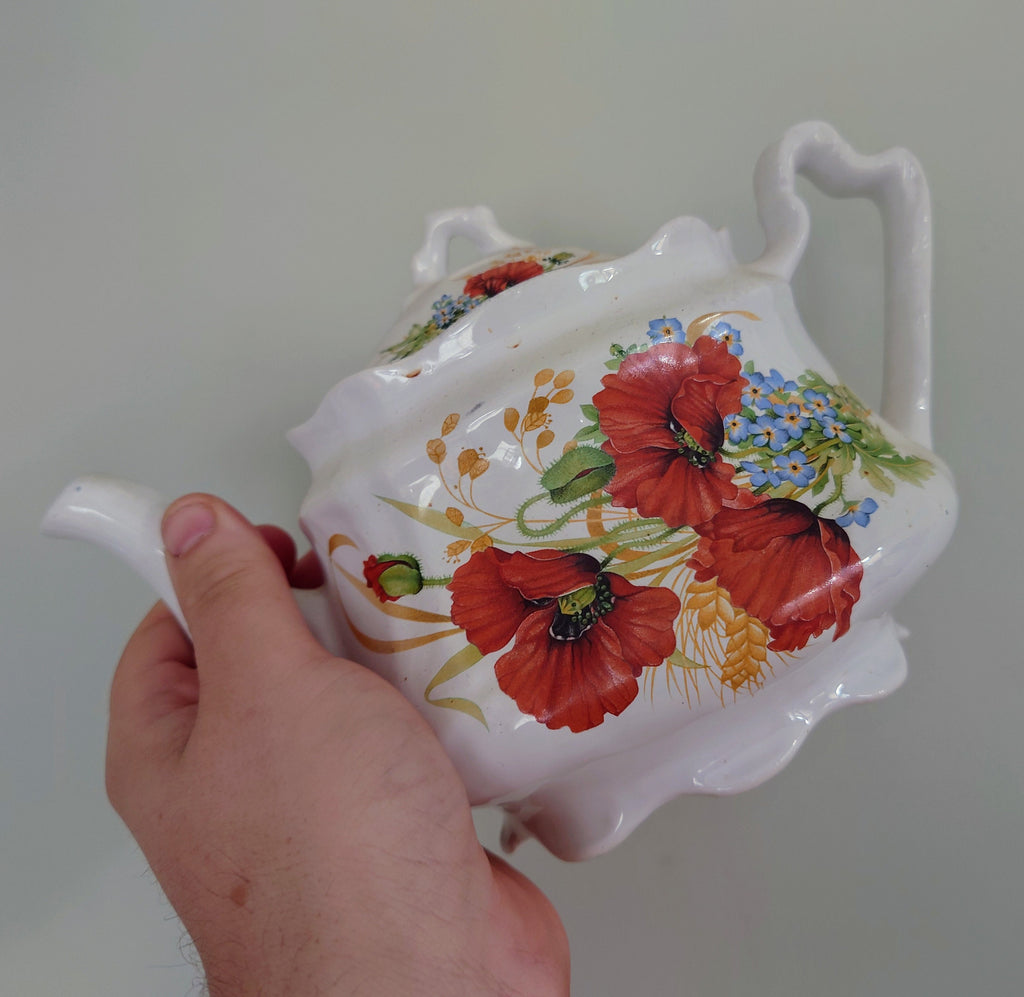 Vintage Ceramic Floral Teapot Retro 80's Teapot Floral Red Hand Painted Teapot, Afternoon Tea Party Made in England