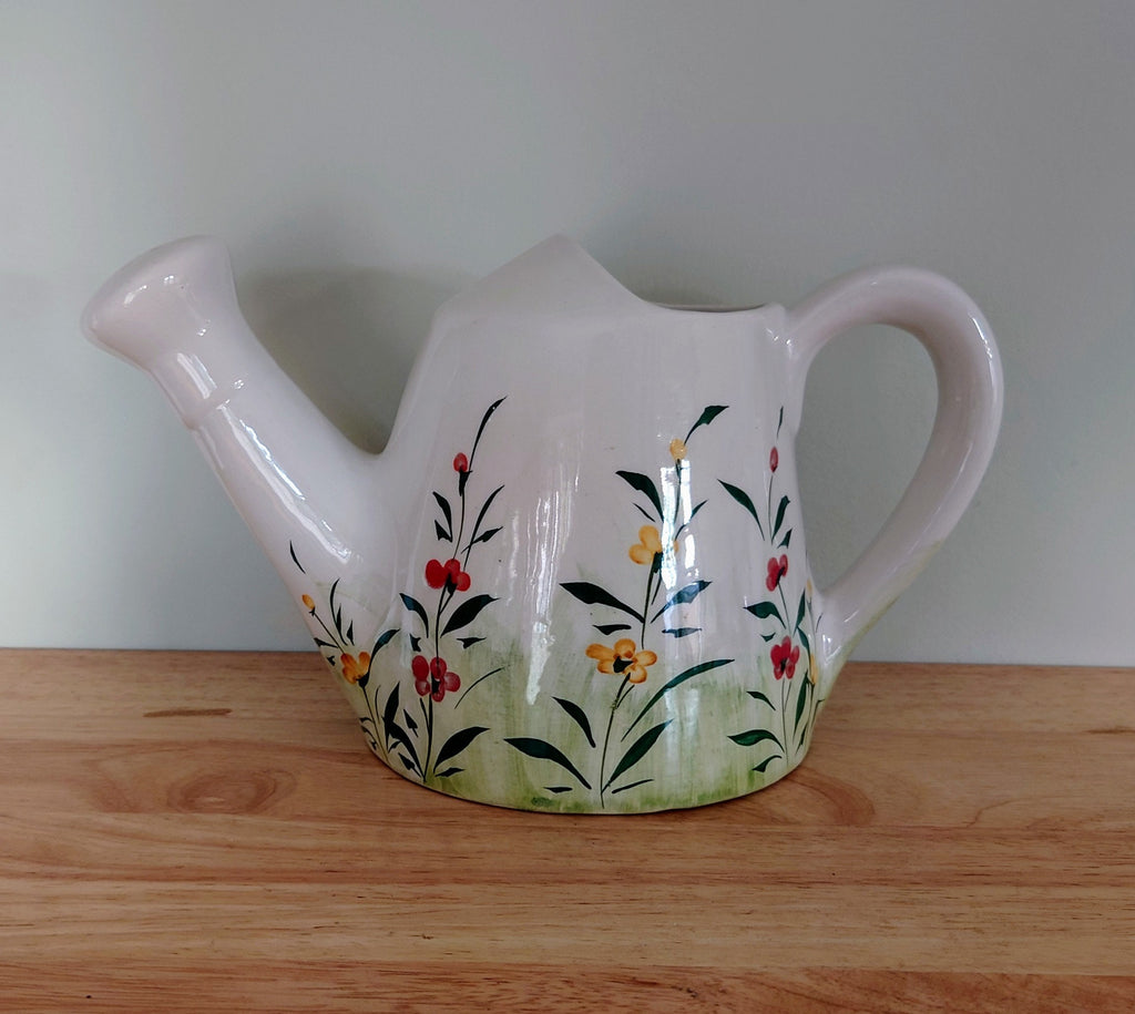 Vintage Ceramic Planter Watering Can Indoor Kitsch Planter Floral Pottery Plant Pot Mid Century Modern Flower Planter