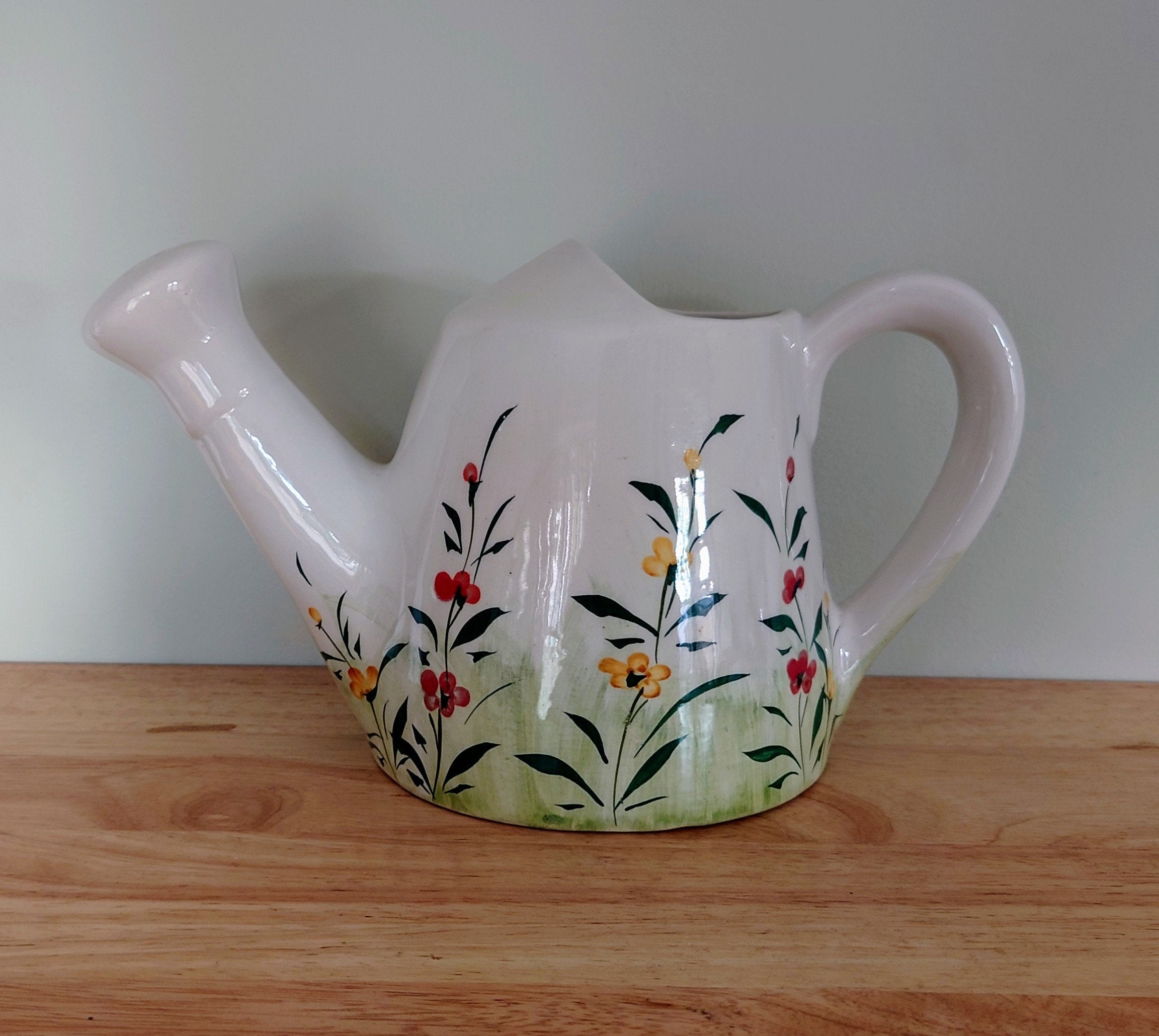 Vintage Ceramic Planter Watering Can Indoor Kitsch Planter Floral Pottery Plant Pot Mid Century Modern Flower Planter