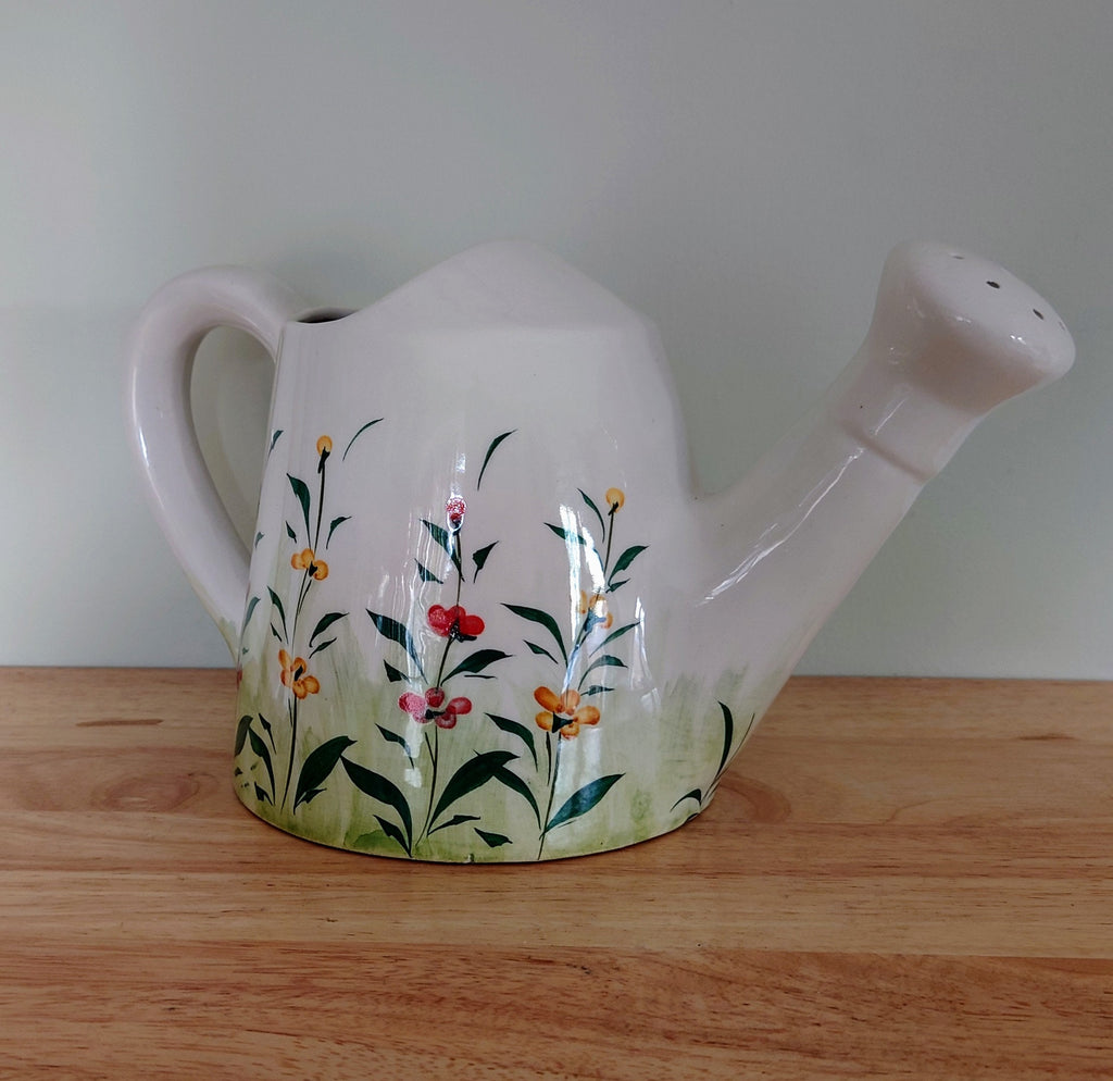 Vintage Ceramic Planter Watering Can Indoor Kitsch Planter Floral Pottery Plant Pot Mid Century Modern Flower Planter