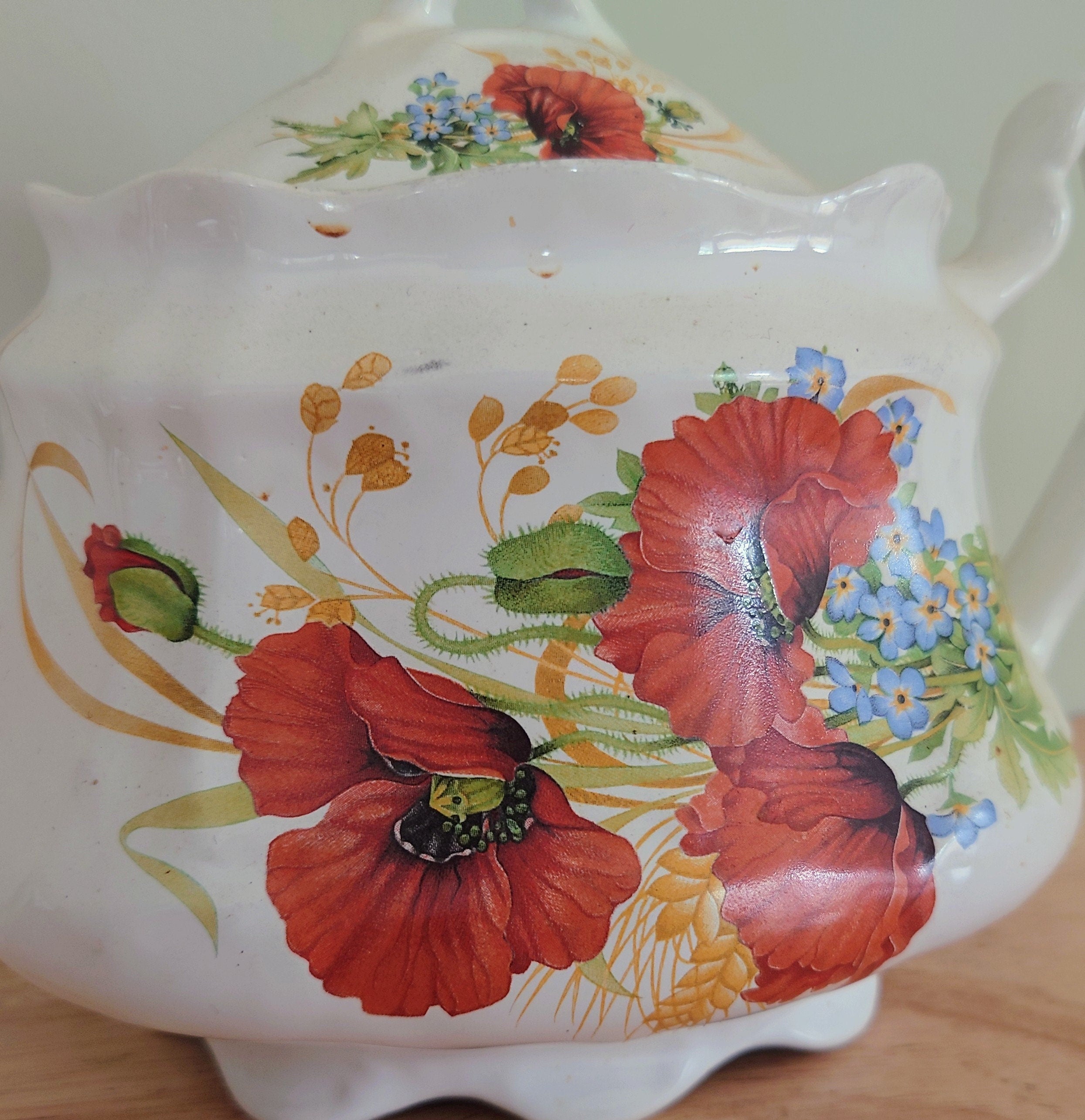 Vintage Ceramic Floral Teapot Retro 80's Teapot Floral Red Hand Painted Teapot, Afternoon Tea Party Made in England