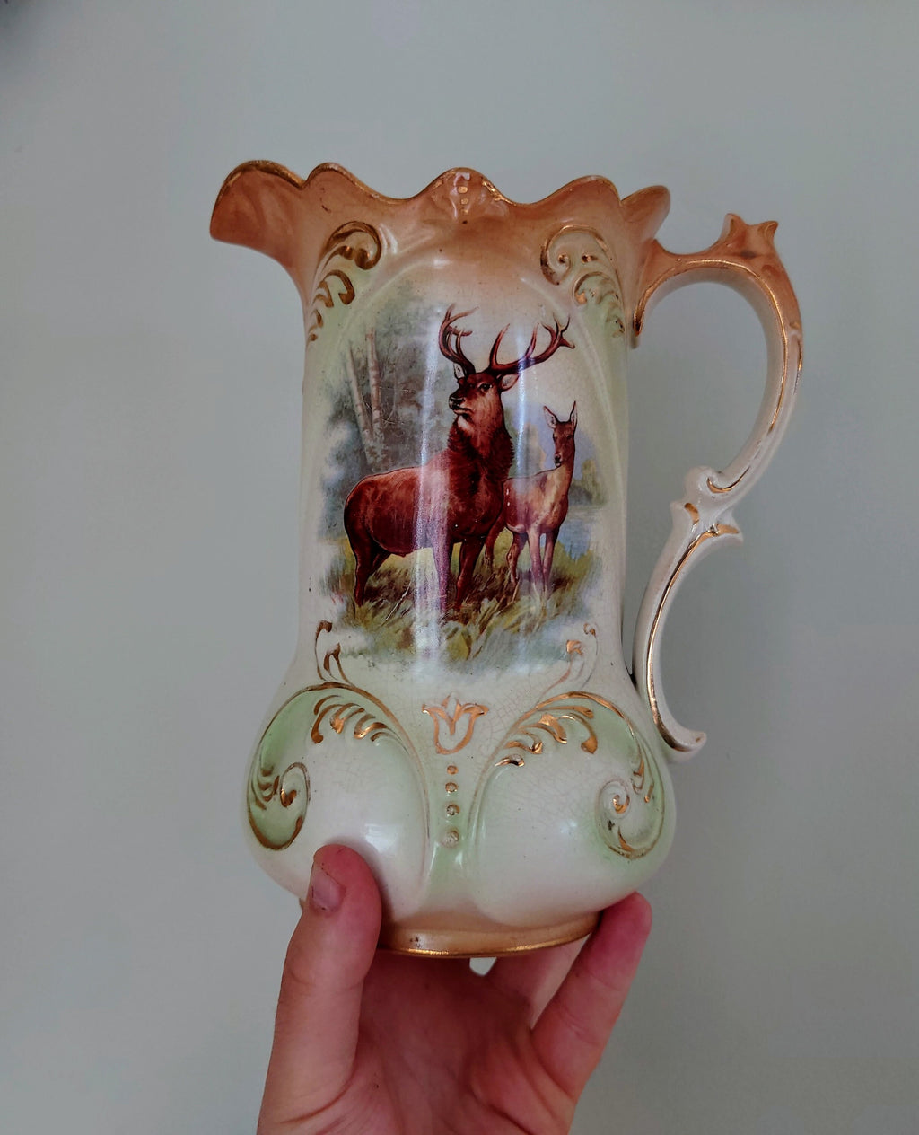 Victorian Deer Jug Ceramic Decorative Jug Airbrush/Art Transfer Vase circa 1900's Planter/Jug Pair Set of Two Made in England