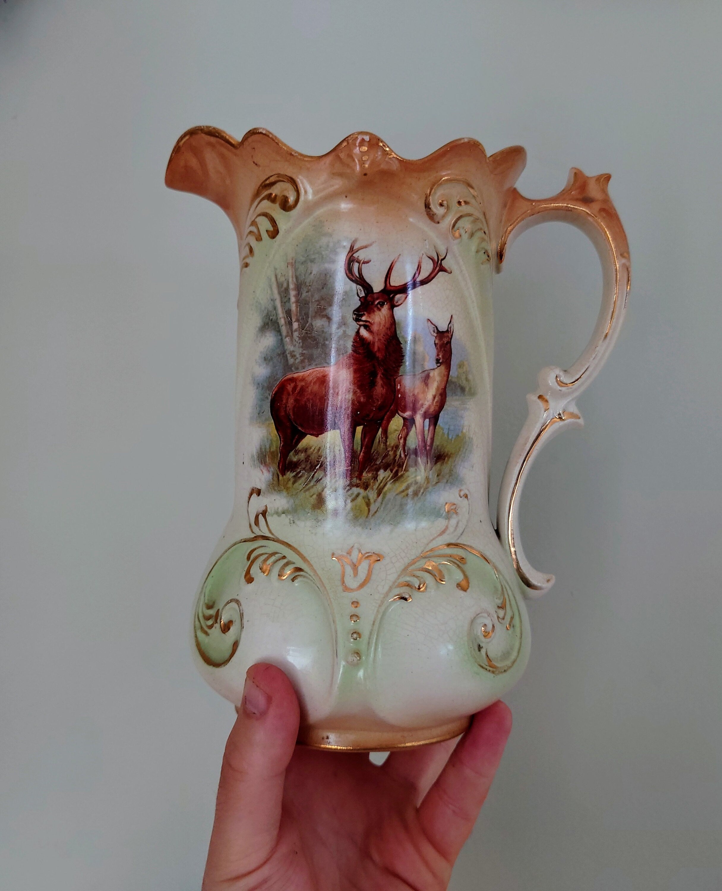 Victorian Deer Jug Ceramic Decorative Jug Airbrush/Art Transfer Vase circa 1900's Planter/Jug Pair Set of Two Made in England