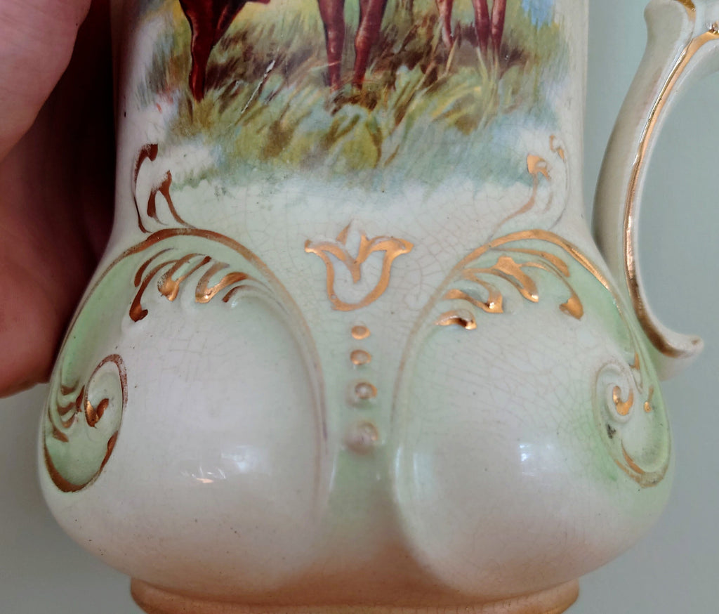 Victorian Deer Jug Ceramic Decorative Jug Airbrush/Art Transfer Vase circa 1900's Planter/Jug Pair Set of Two Made in England