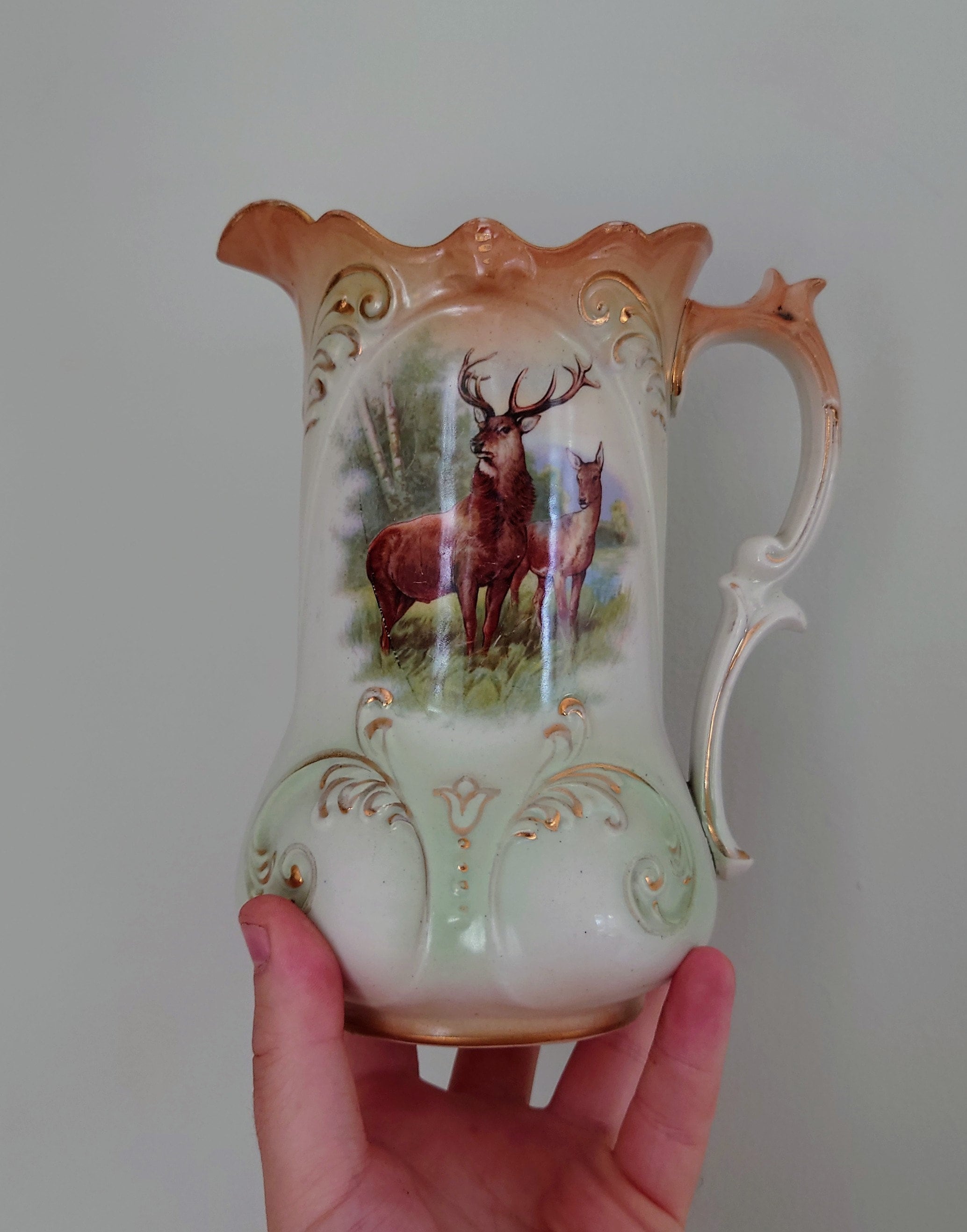 Victorian Deer Jug Ceramic Decorative Jug Airbrush/Art Transfer Vase circa 1900's Planter/Jug Pair Set of Two Made in England