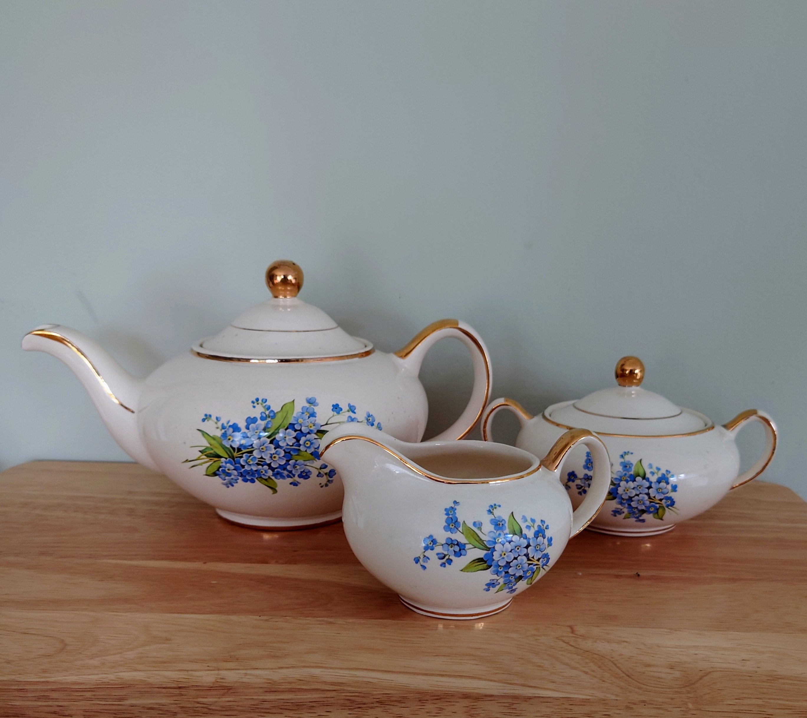 Ceramic Teaset Teapot, Sugar Bowl, Milk Jug Ceramic Set Vintage 1950's Gold Stamped Heatmaster Floral Tea Service