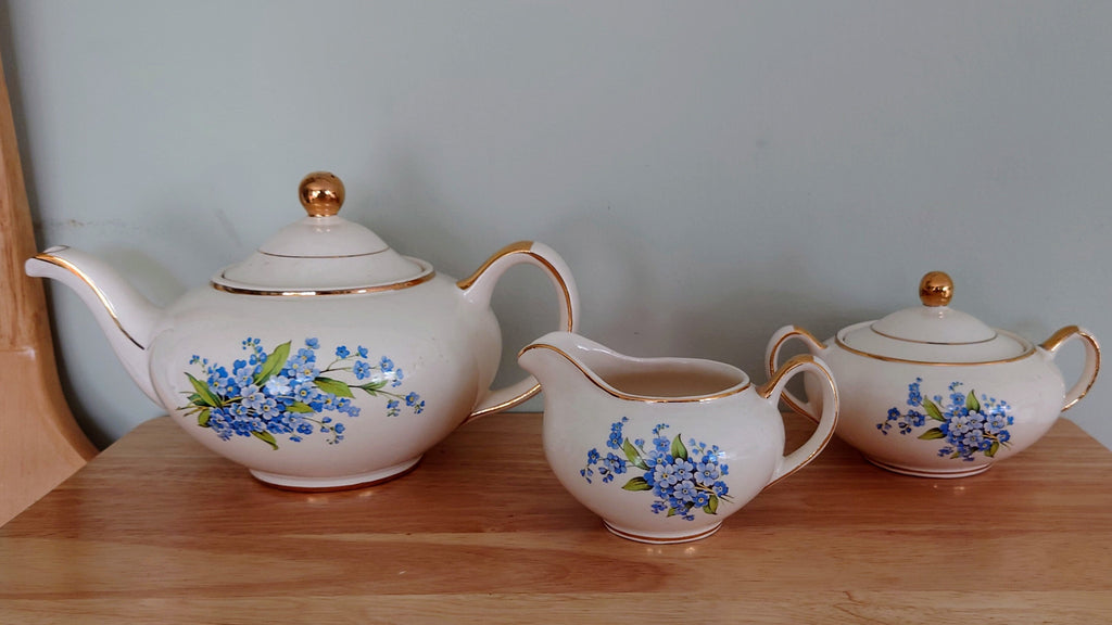 Ceramic Teaset Teapot, Sugar Bowl, Milk Jug Ceramic Set Vintage 1950's Gold Stamped Heatmaster Floral Tea Service