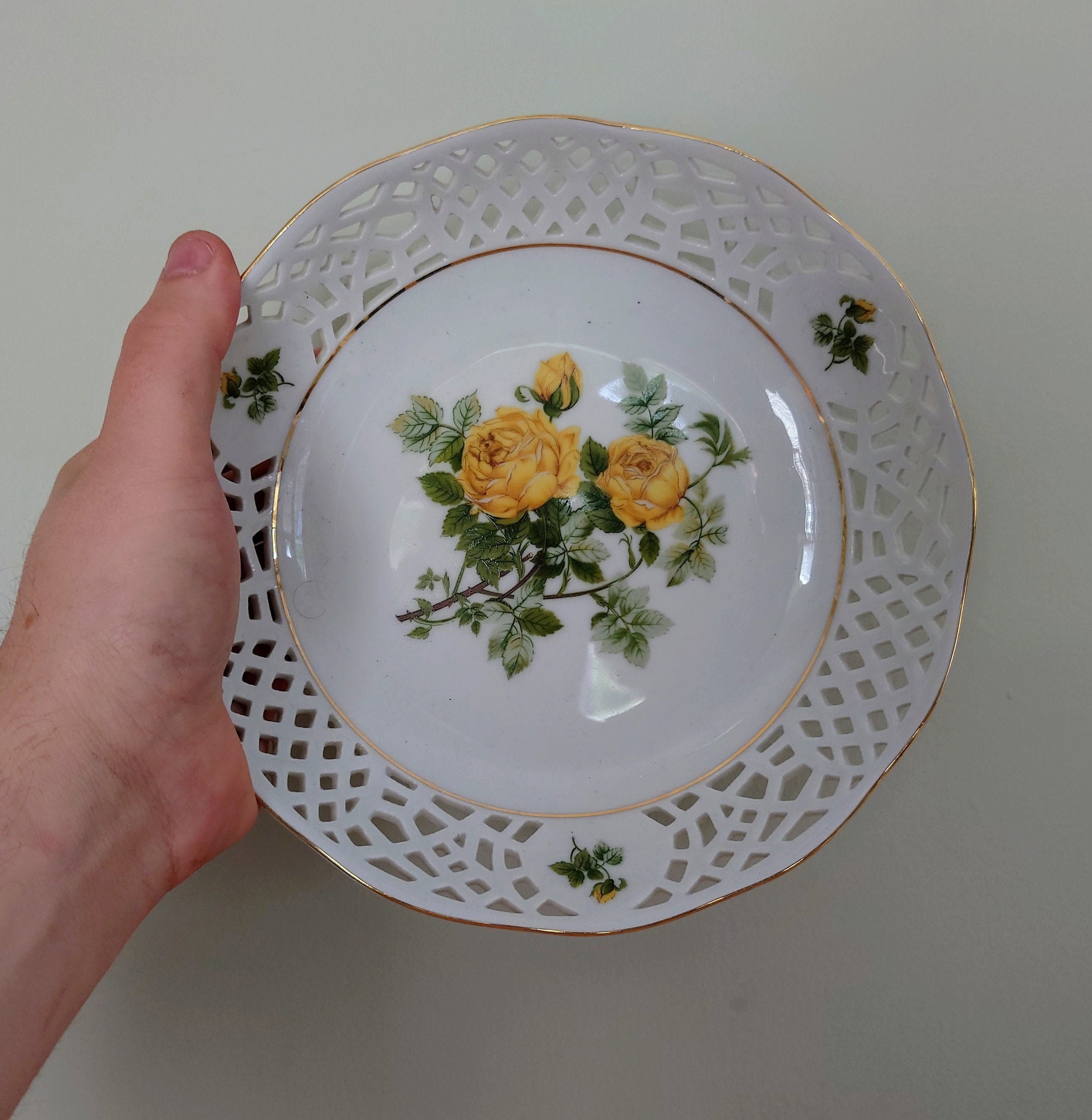Vintage Floral Dish Porcelain Yellow Flowered Printed Trinket Dish, Bowl Serving Decorative Bowl/Dish Retro