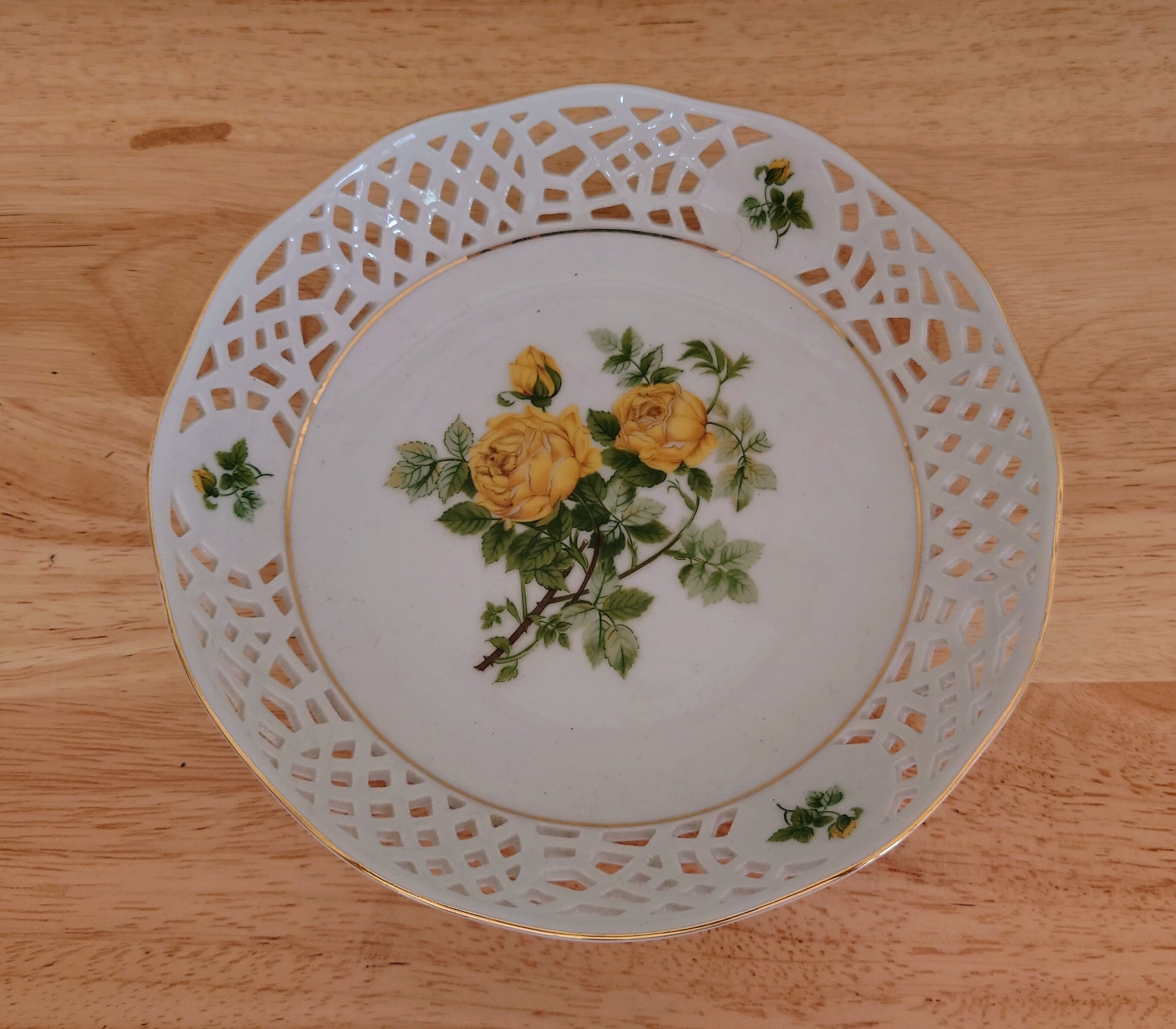 Vintage Floral Dish Porcelain Yellow Flowered Printed Trinket Dish, Bowl Serving Decorative Bowl/Dish Retro
