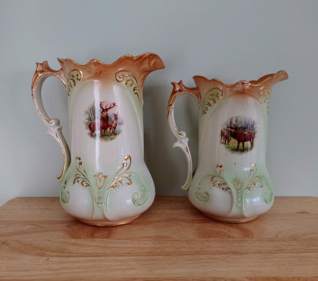 Victorian Deer Jug Ceramic Decorative Jug Airbrush/Art Transfer Vase circa 1900's Planter/Jug Pair Set of Two Made in England