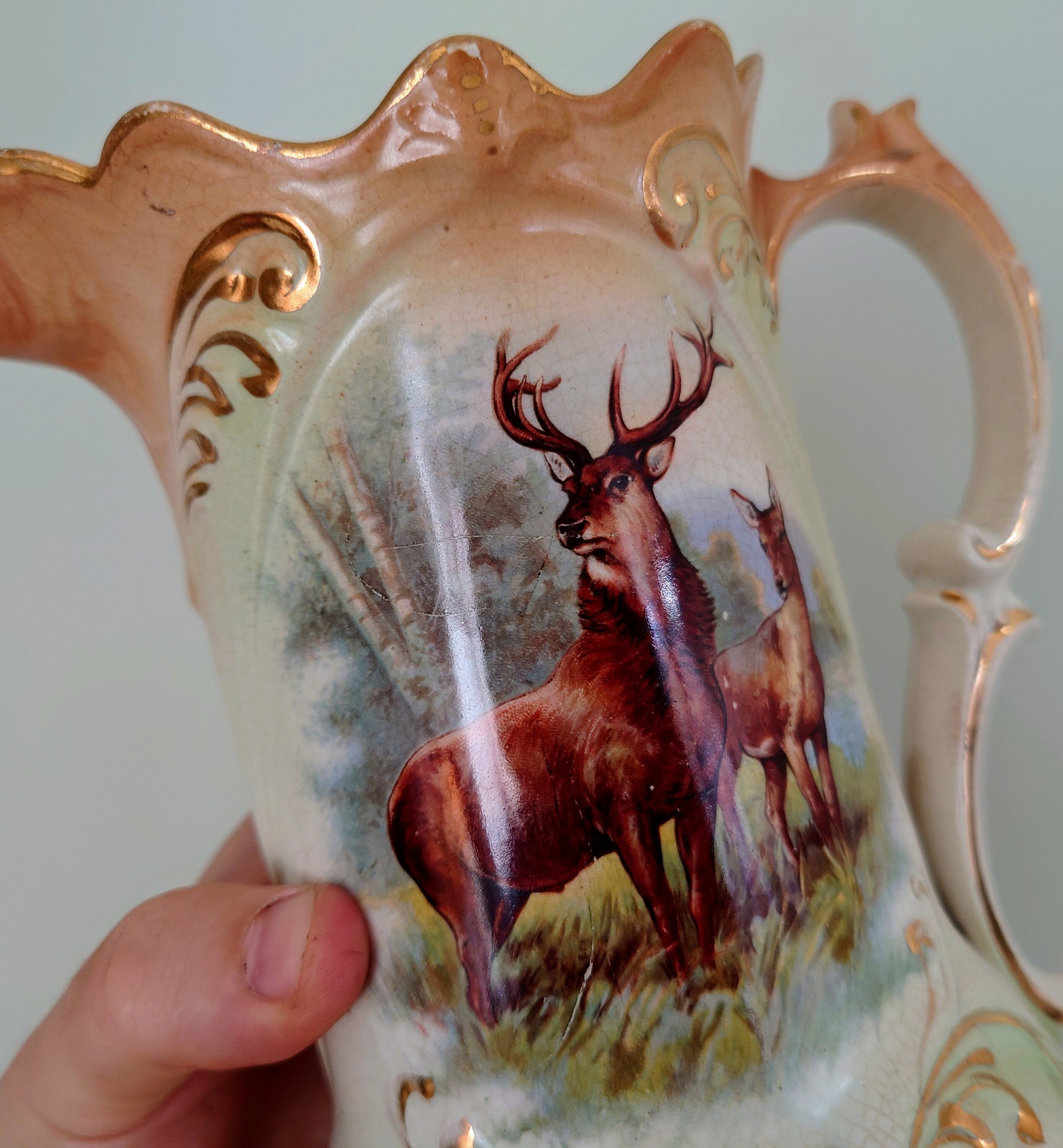 Victorian Deer Jug Ceramic Decorative Jug Airbrush/Art Transfer Vase circa 1900's Planter/Jug Pair Set of Two Made in England