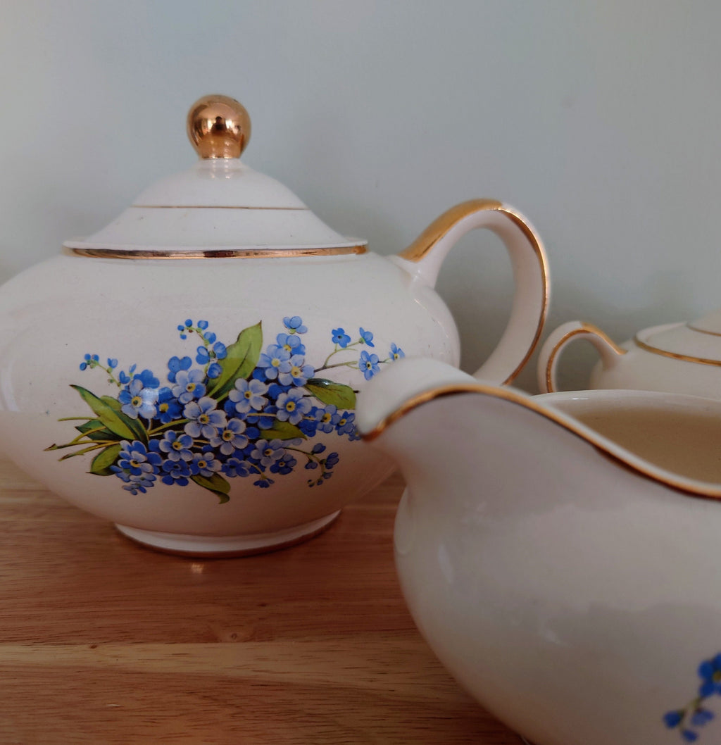 Ceramic Teaset Teapot, Sugar Bowl, Milk Jug Ceramic Set Vintage 1950's Gold Stamped Heatmaster Floral Tea Service
