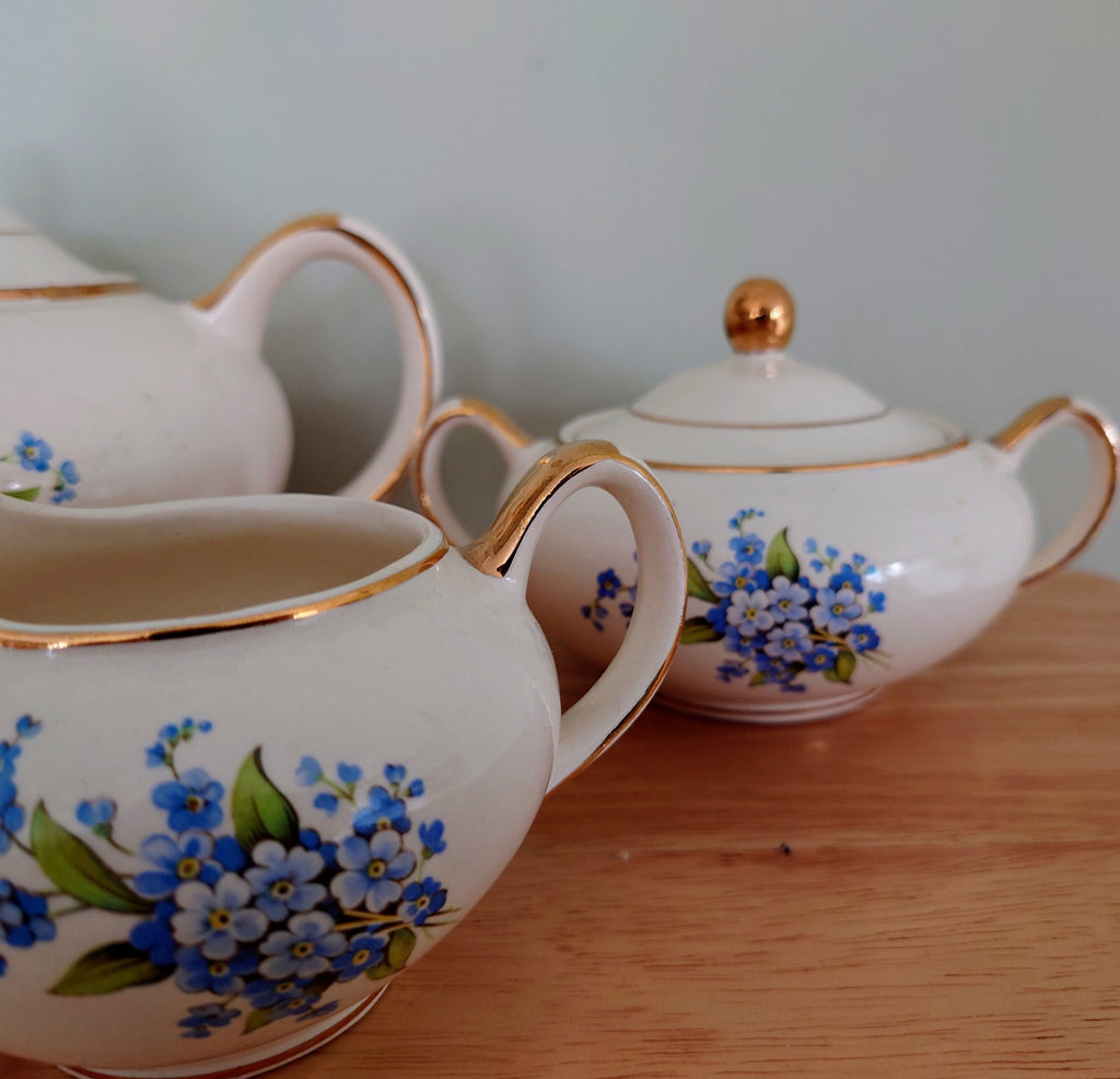 Ceramic Teaset Teapot, Sugar Bowl, Milk Jug Ceramic Set Vintage 1950's Gold Stamped Heatmaster Floral Tea Service