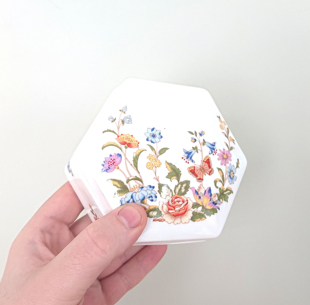 Hexagonal Box and Lid Cottage Garden Aynsley Jewellery Fine Bone China Porcelain Made in England Cottage Garden Pattern Collectable Vintage