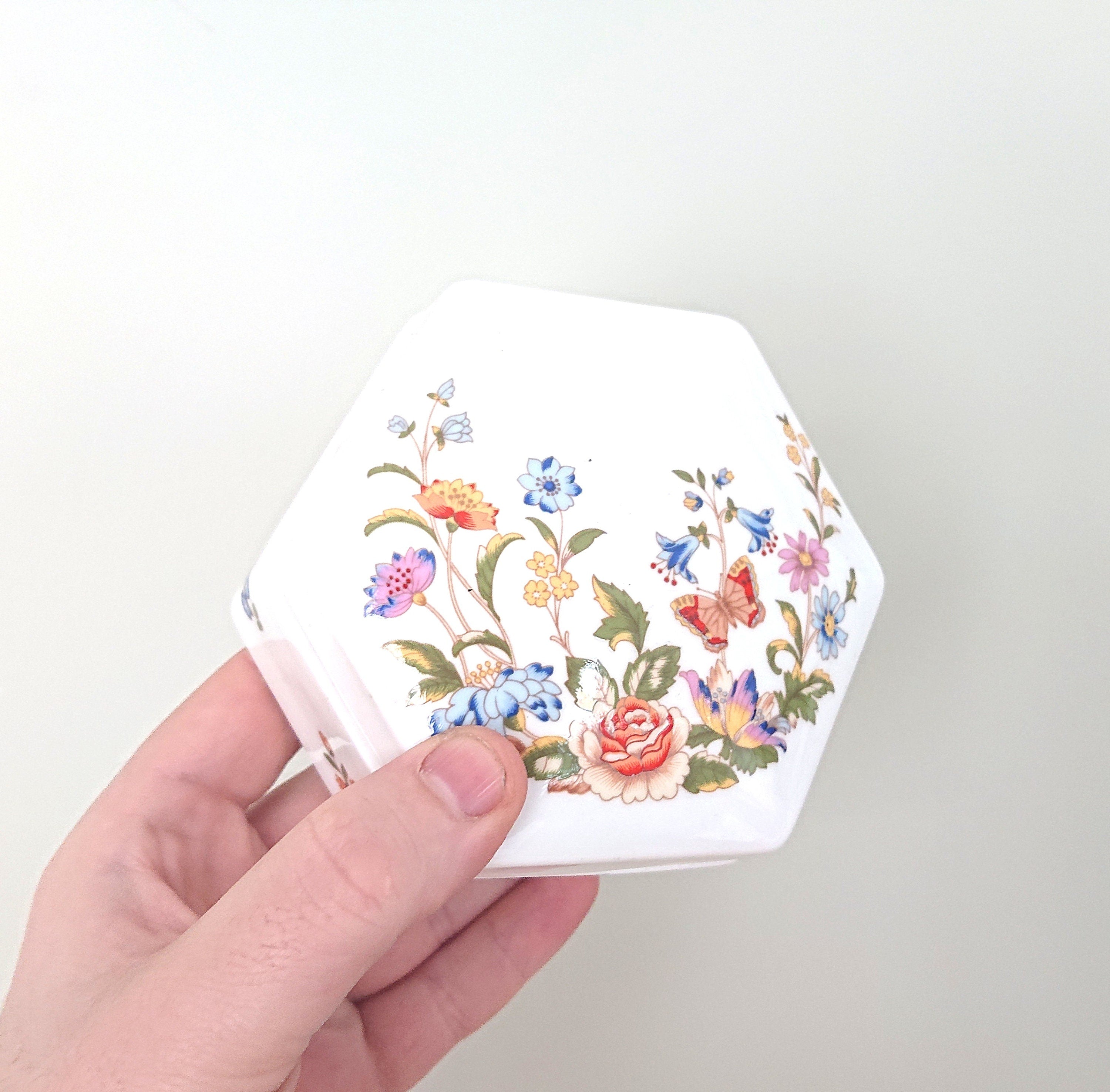 Hexagonal Box and Lid Cottage Garden Aynsley Jewellery Fine Bone China Porcelain Made in England Cottage Garden Pattern Collectable Vintage