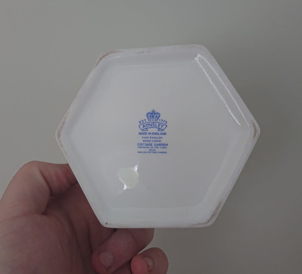 Hexagonal Box and Lid Cottage Garden Aynsley Jewellery Fine Bone China Porcelain Made in England Cottage Garden Pattern Collectable Vintage