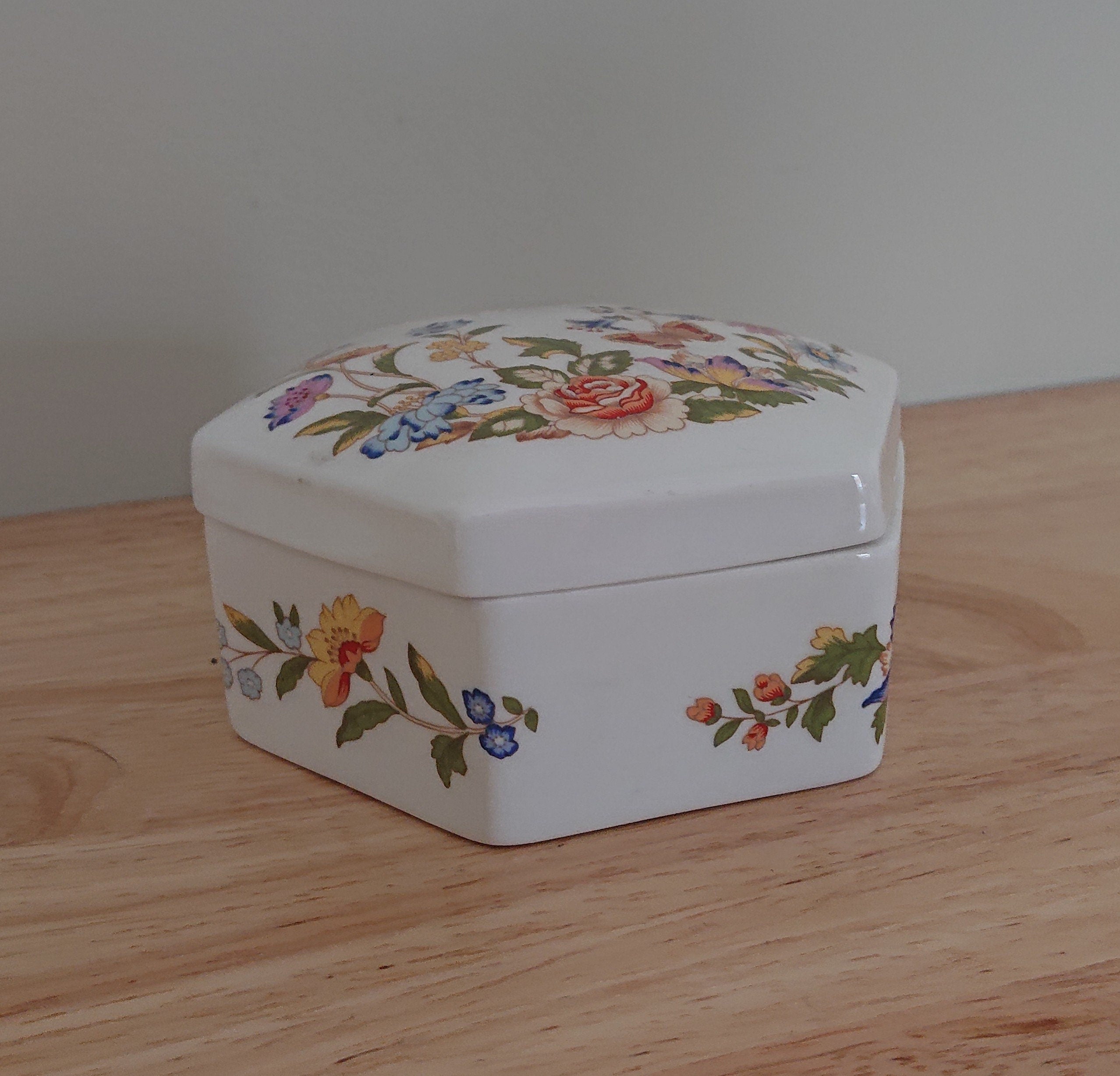 Hexagonal Box and Lid Cottage Garden Aynsley Jewellery Fine Bone China Porcelain Made in England Cottage Garden Pattern Collectable Vintage