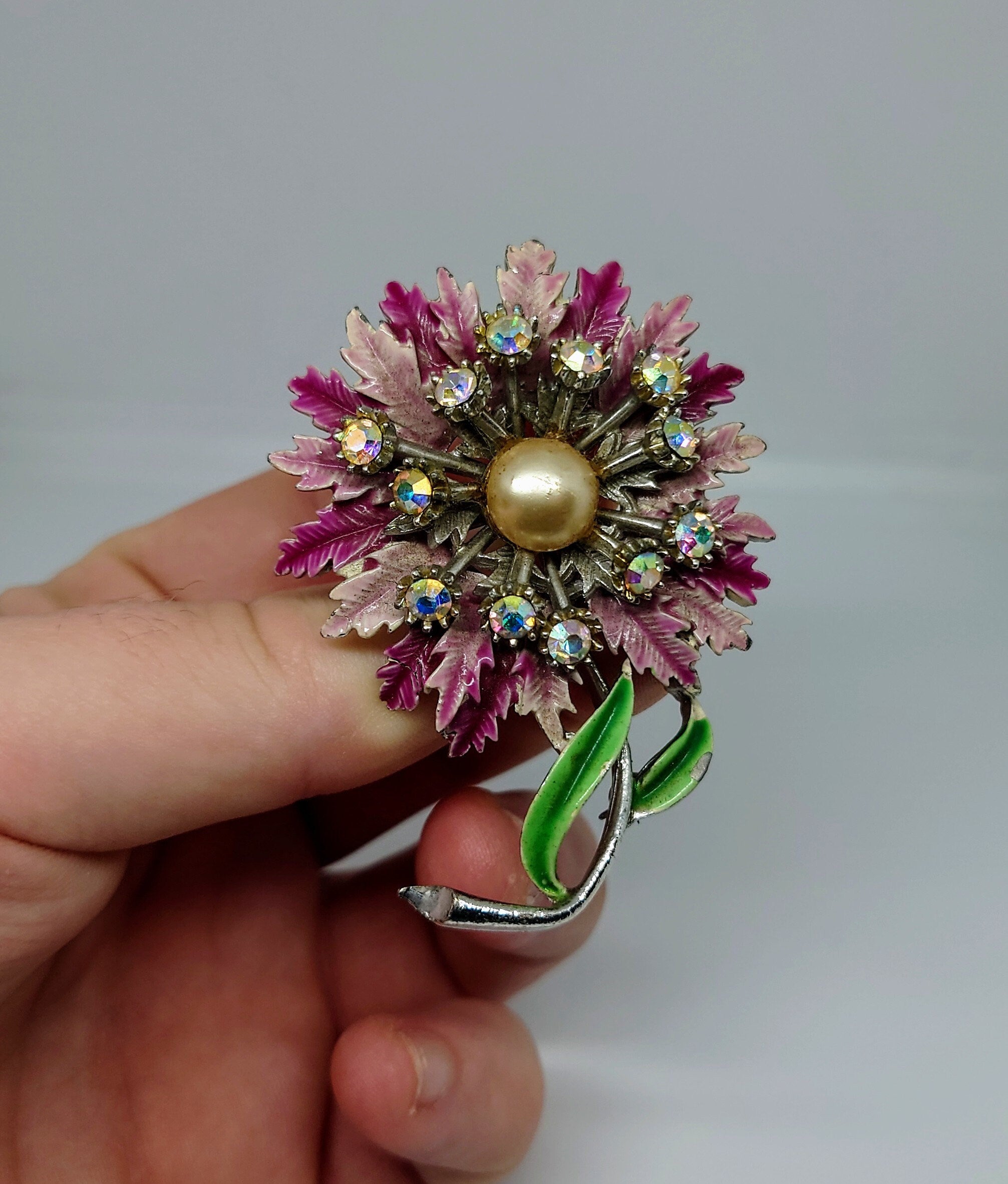 Silver Floral Brooch Vintage Pink and Purple Enamel Aurora Borealis Costume Jewellery Jewelry Pin 50's Pin Diamante Rhinestone Faux Pearl