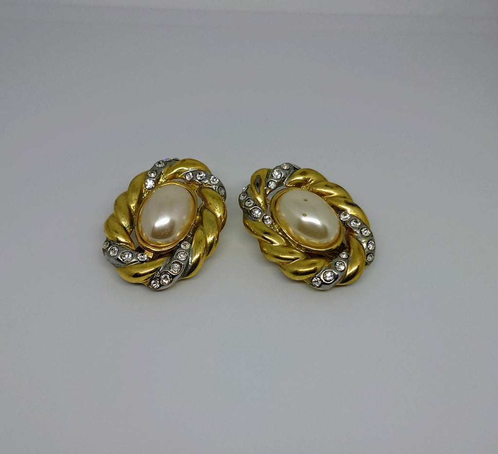 Vintage Gold Pearl Clip On Earrings Faux Pearl diamante Rhinestone Silver Tone Costume Jewellery Jewelry
