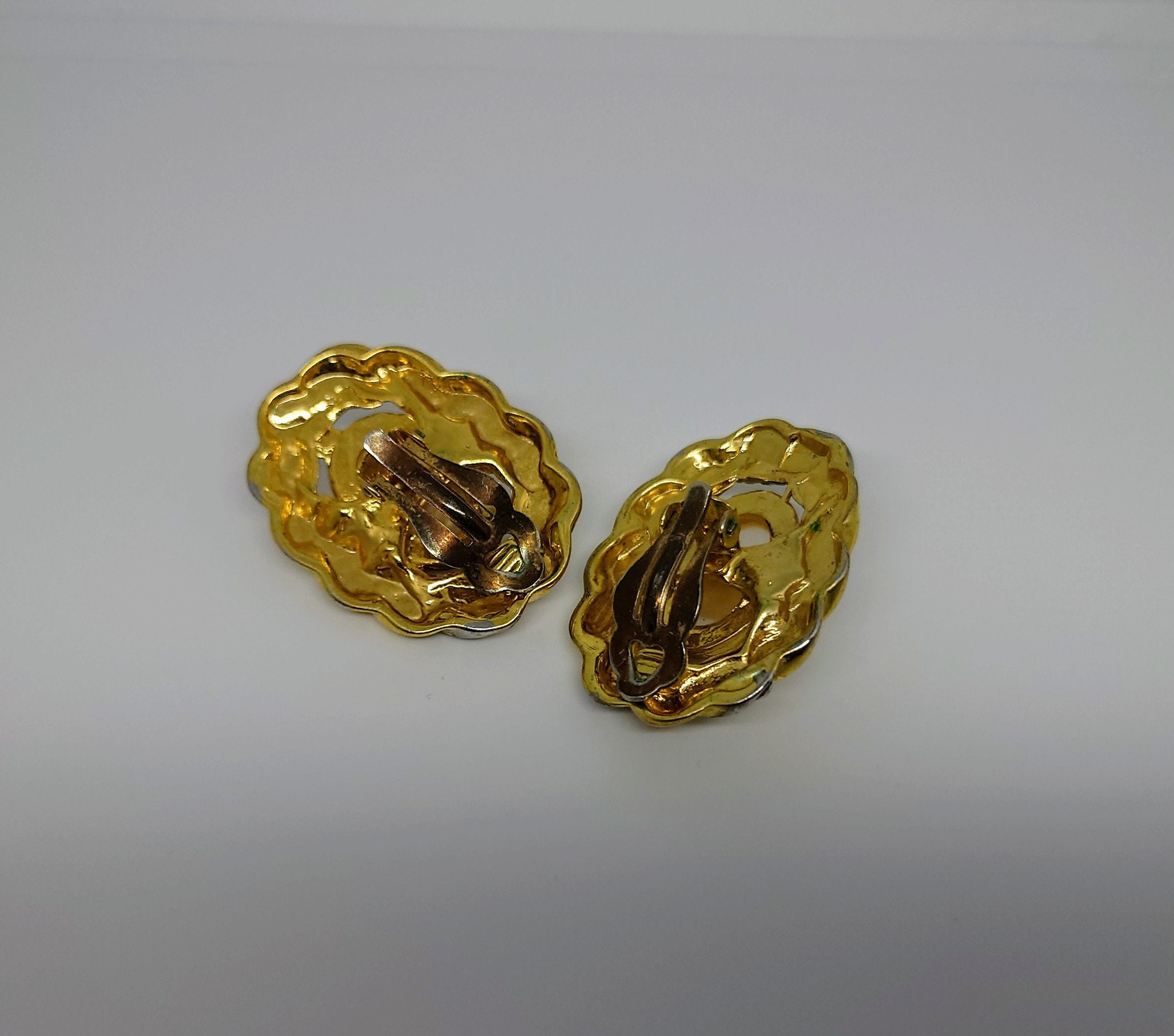 Vintage Gold Pearl Clip On Earrings Faux Pearl diamante Rhinestone Silver Tone Costume Jewellery Jewelry