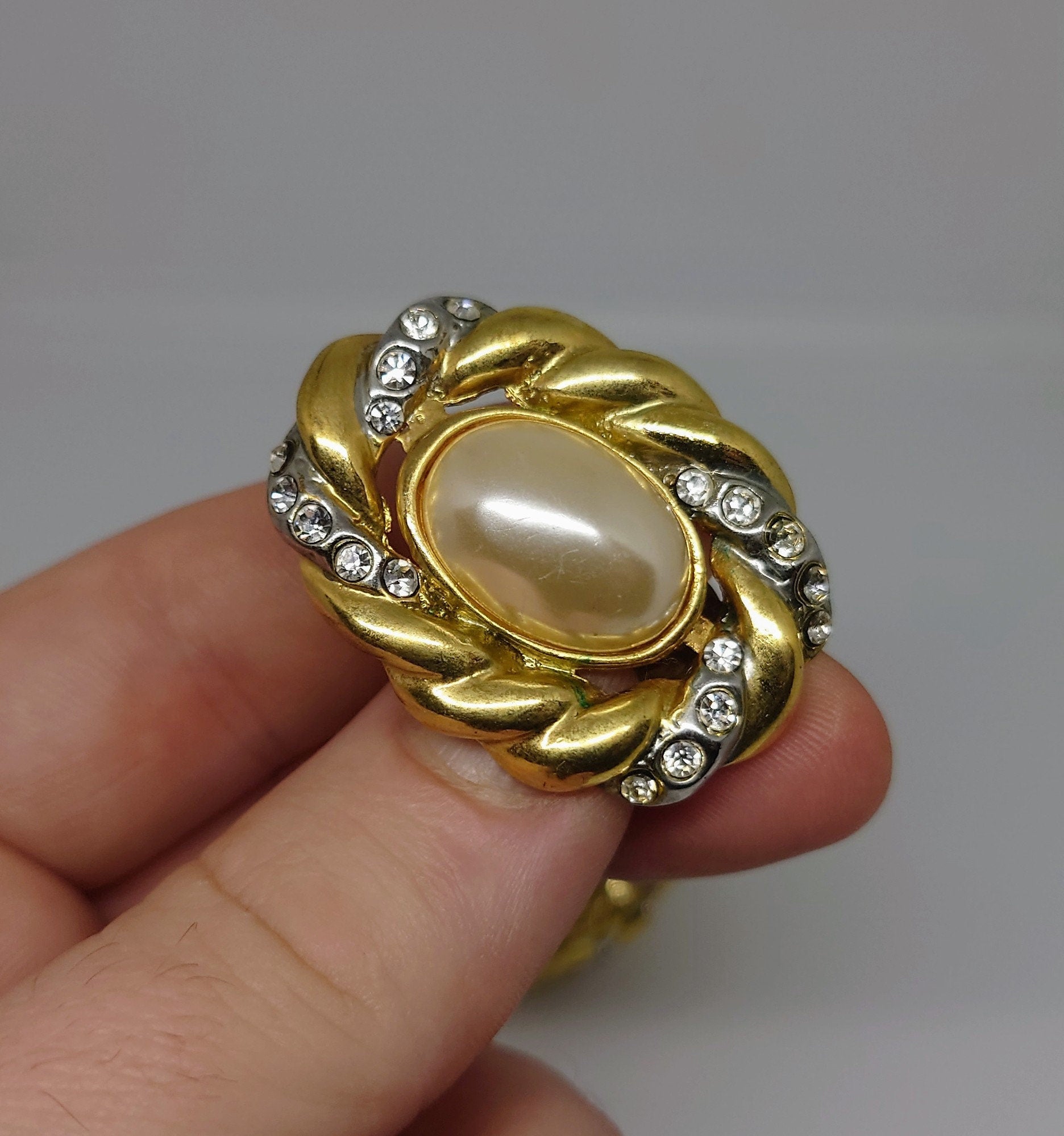 Vintage Gold Pearl Clip On Earrings Faux Pearl diamante Rhinestone Silver Tone Costume Jewellery Jewelry