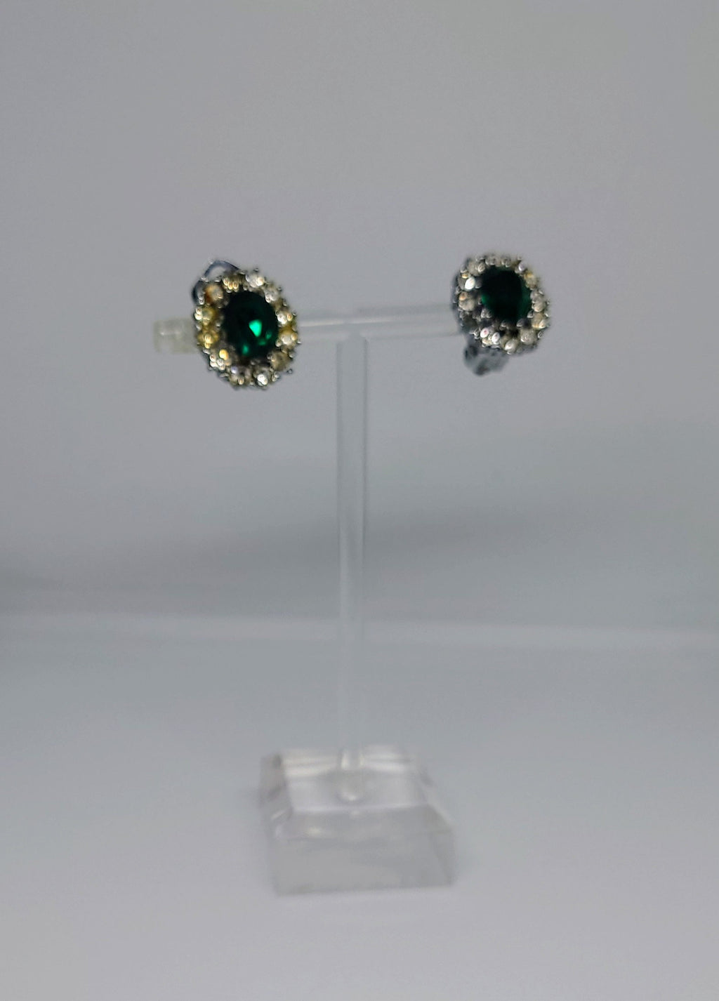Vintage Emerald Rhinestone Earrings Clip on Costume Jewellery Jewelry Green Chunky Gold Tone Earrings