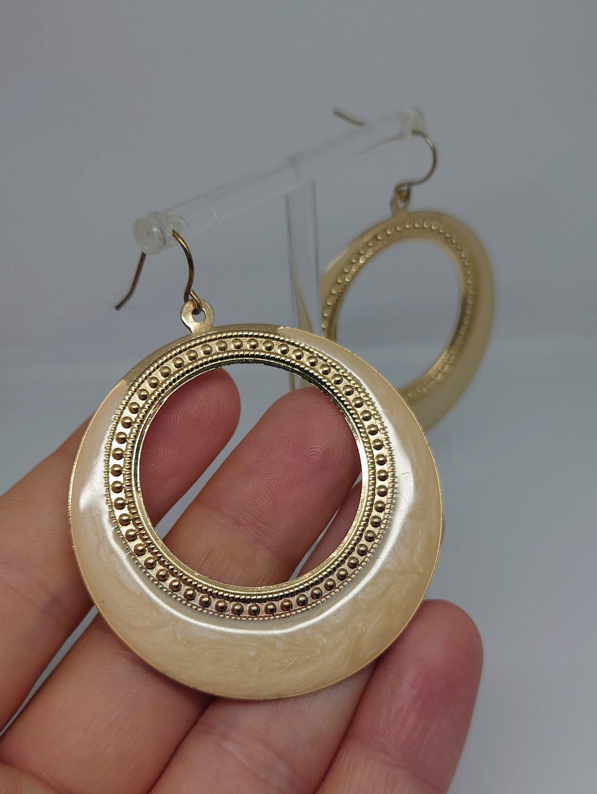 Vintage Large Hook Earing Round Yellow Floral Chunky Dangle Drop Costume Jewellery Jewelry Earrings Round