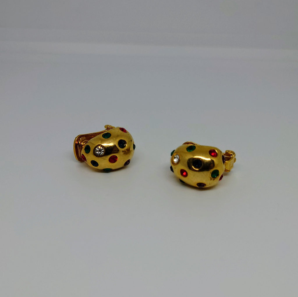 Vintage Gold Clip On Earrings Diamond Rhinestone Costume Jewellery Jewelry Diamante Green and Red Rhinestone Clip On's