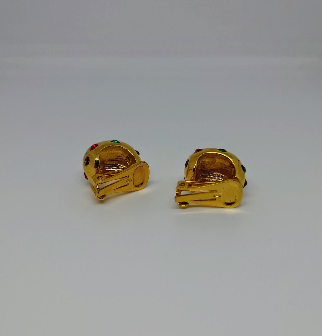 Vintage Gold Clip On Earrings Diamond Rhinestone Costume Jewellery Jewelry Diamante Green and Red Rhinestone Clip On's