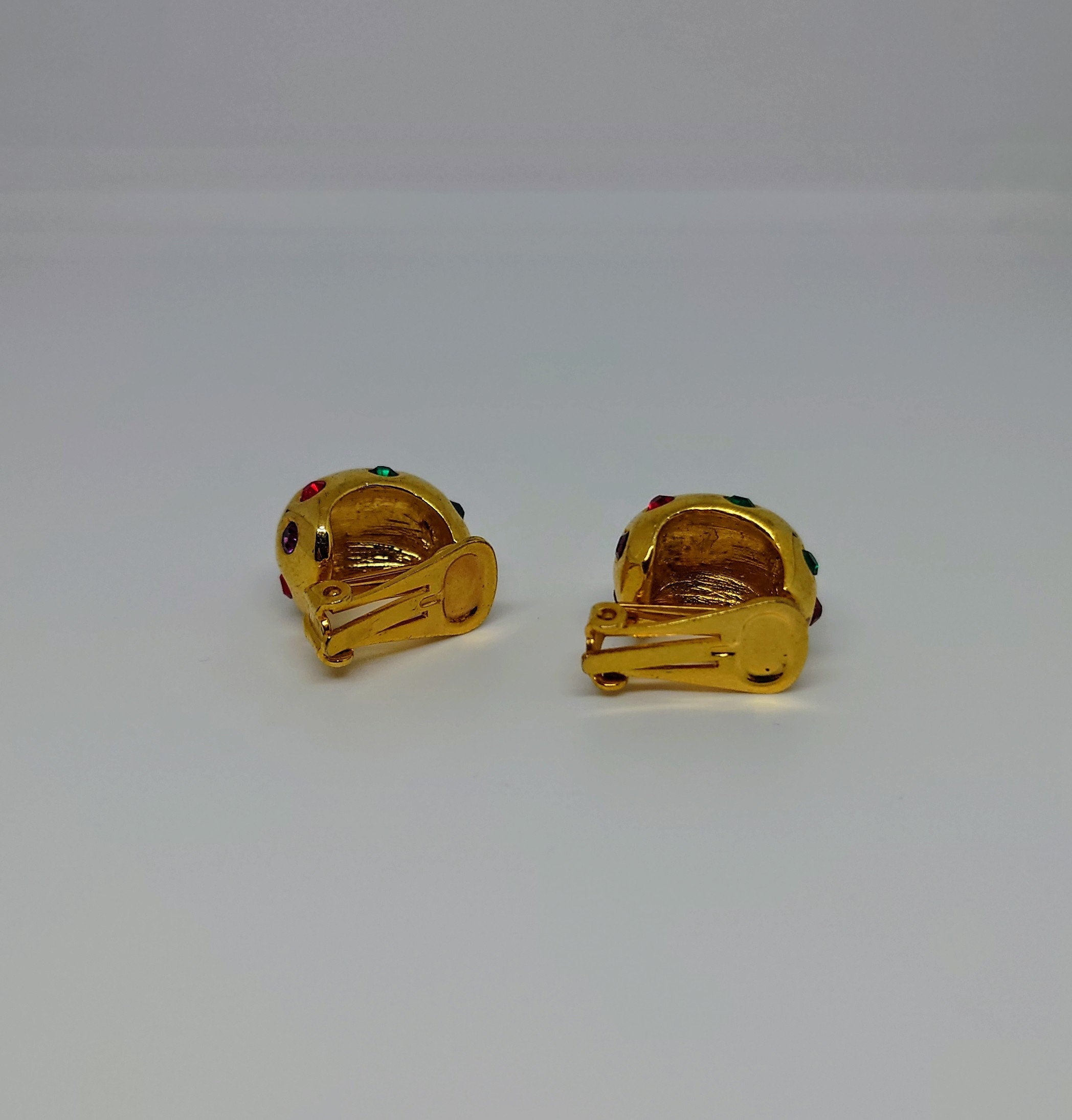 Vintage Gold Clip On Earrings Diamond Rhinestone Costume Jewellery Jewelry Diamante Green and Red Rhinestone Clip On's