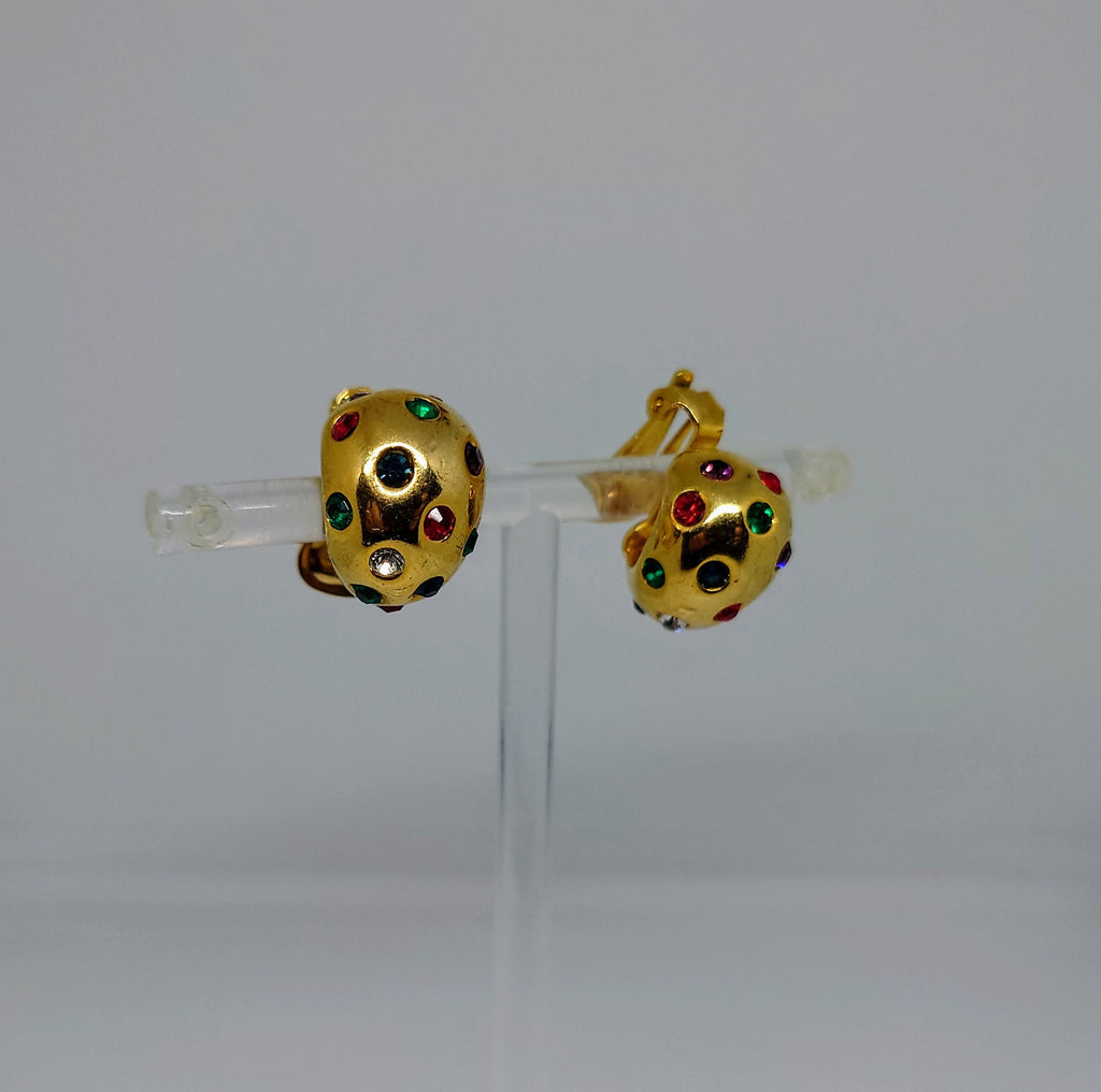 Vintage Gold Clip On Earrings Diamond Rhinestone Costume Jewellery Jewelry Diamante Green and Red Rhinestone Clip On's