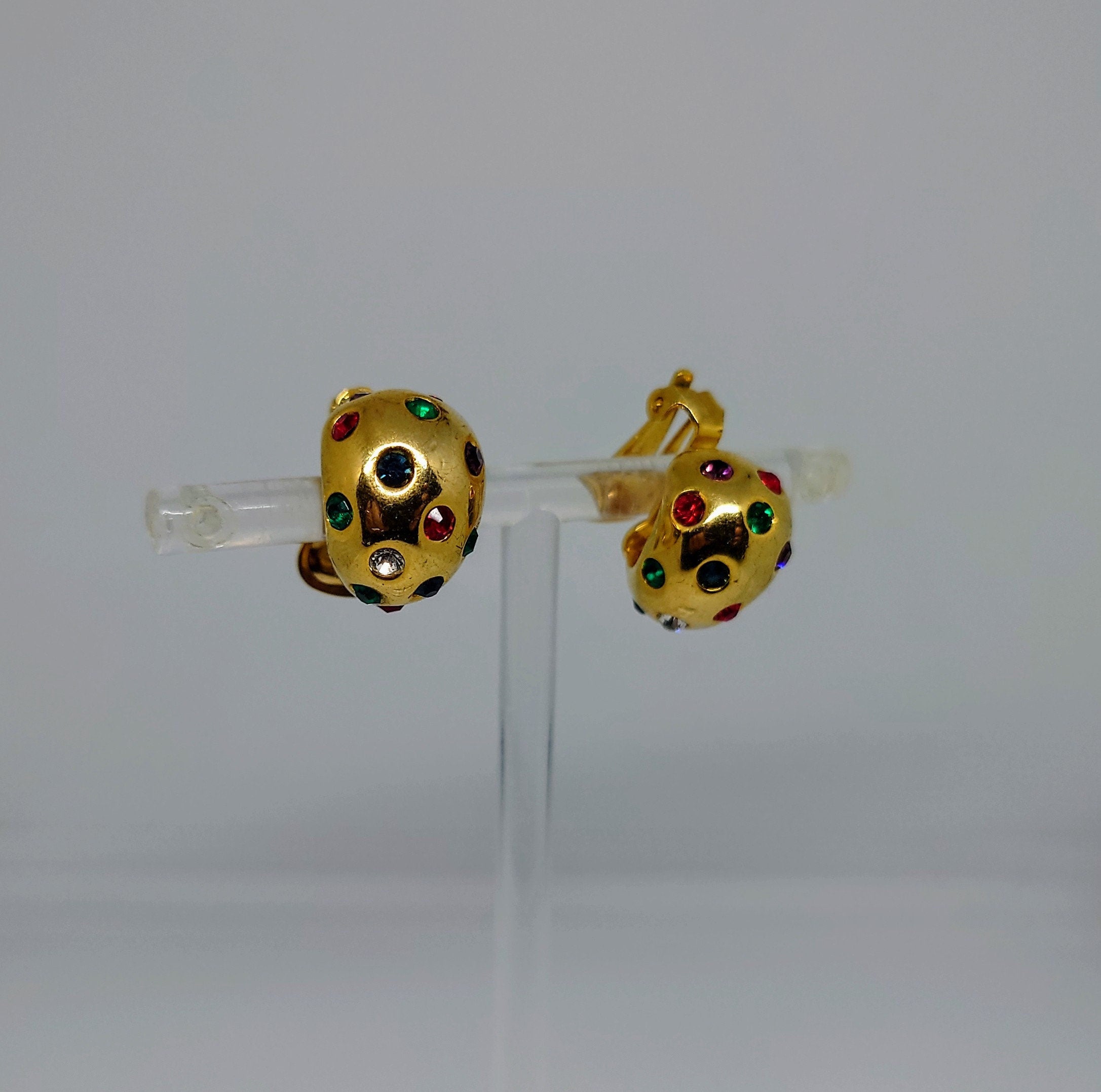 Vintage Gold Clip On Earrings Diamond Rhinestone Costume Jewellery Jewelry Diamante Green and Red Rhinestone Clip On's